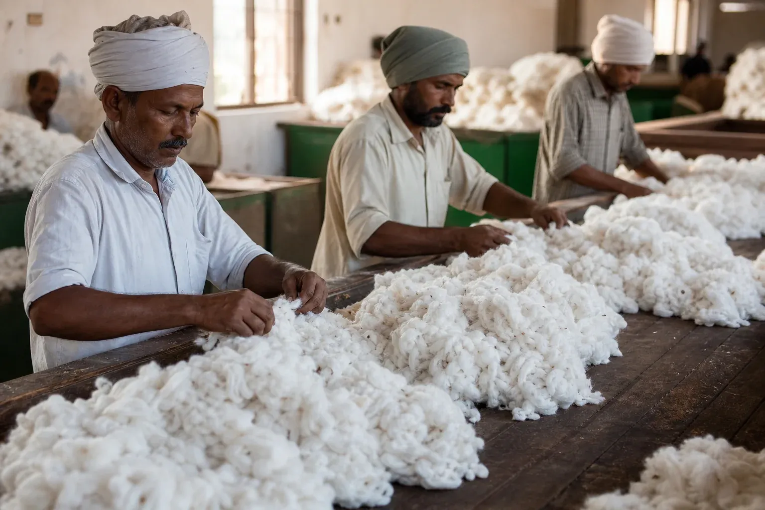 Workers sorting premium long-staple cotton fiber by hand in an Indian ginning facility