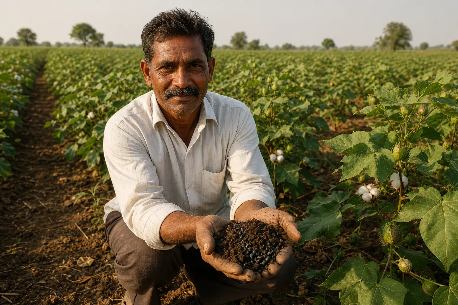 Farmer holding healthy soil mixed with biochar in a regenerative cotton field in India
