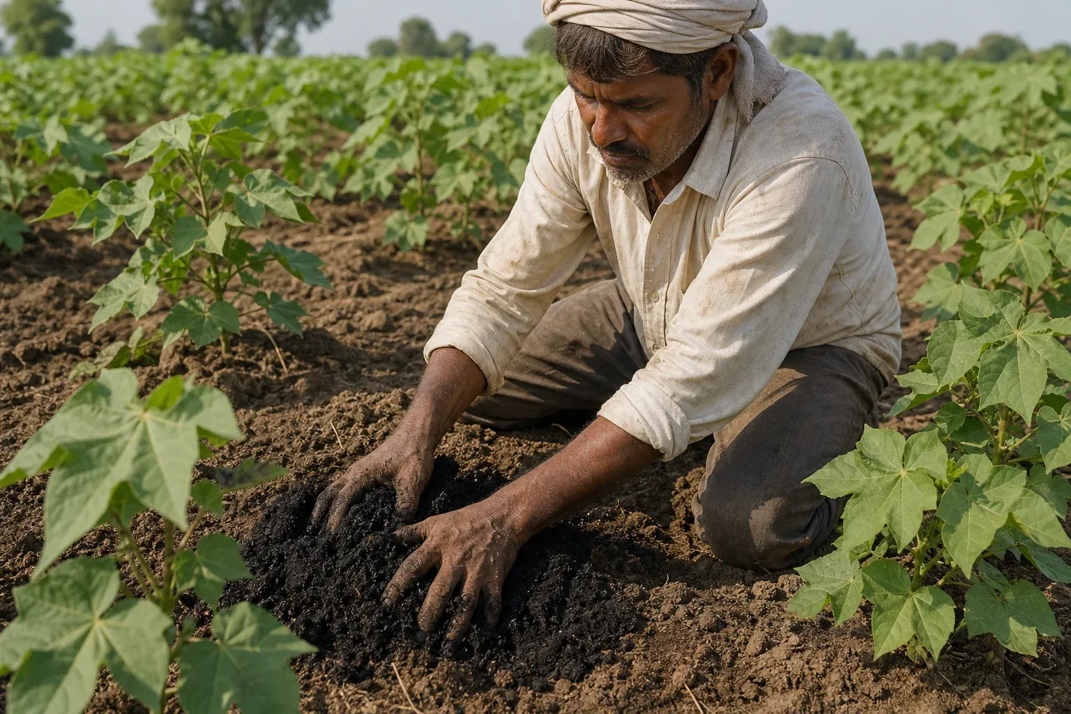 Farmer applying biochar to cotton field soil as part of regenerative practice. Photorealistic photograph of an Indian farmer in work clothes kneeling in a cotton field, hands mixing dark biochar into soil near young cotton plants, natural