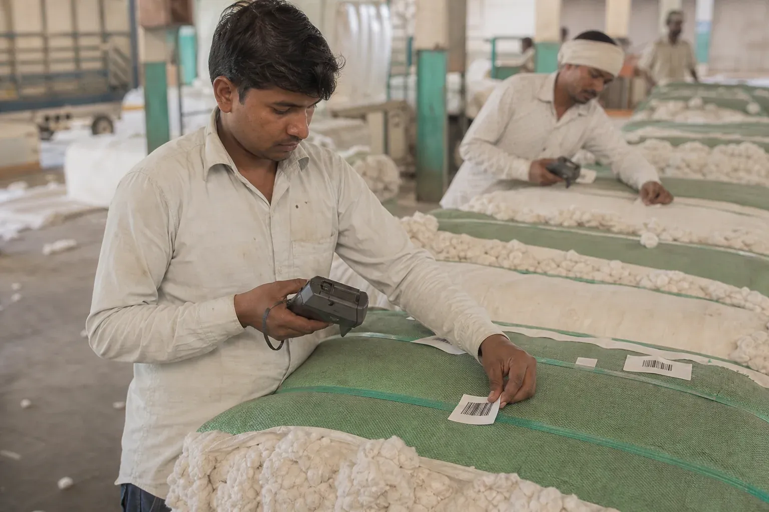 Traceability chain from farm to textile mill in India, showing raw cotton bales being tagged and tracked. photorealistic photo, warehouse setting at a cotton ginning facility in India, workers tagging cotton bales with barcode labels for