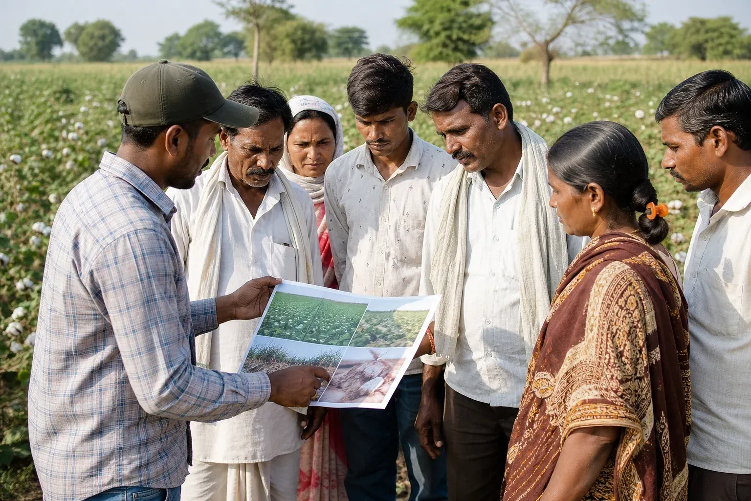 Diverse group of farmers, including women, in a training session on regenerative and social compliance practices. photorealistic photo, outdoor farmer training session in rural India, a mixed group of male and female smallholder cotton