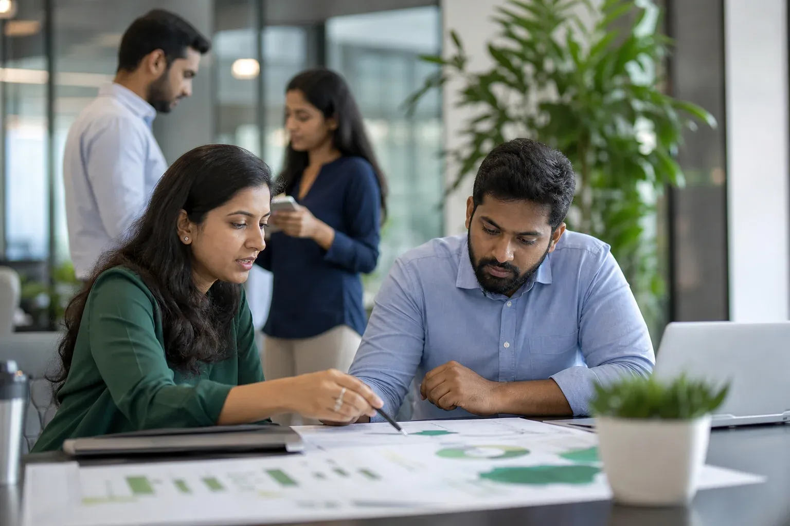 Corporate sustainability team reviewing supplier audit dashboards in an office setting. photorealistic photo, modern office setting, a small diverse corporate sustainability team reviewing supplier compliance dashboards on a large screen