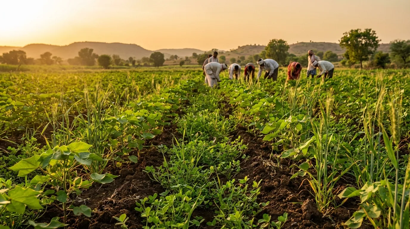 Vibrant regenerative agriculture farm showing healthy crop yield and rich soil in India