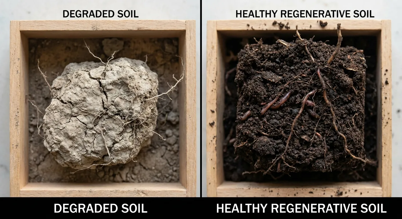Comparison of degraded soil versus healthy regenerative soil showing impact on crop yield