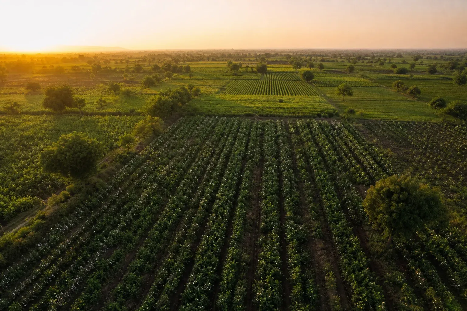 Aerial view of regenerative agricultural farmland in India at golden hour, representing carbon sequestration and climate action