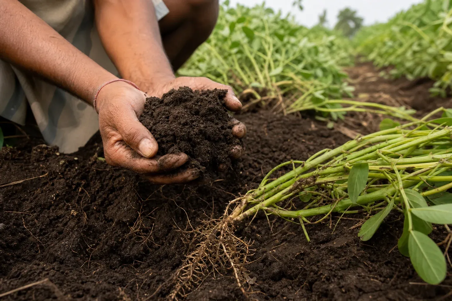 Indian farmer's hands holding rich dark fertile soil, representing carbon sequestration potential in regenerative agriculture