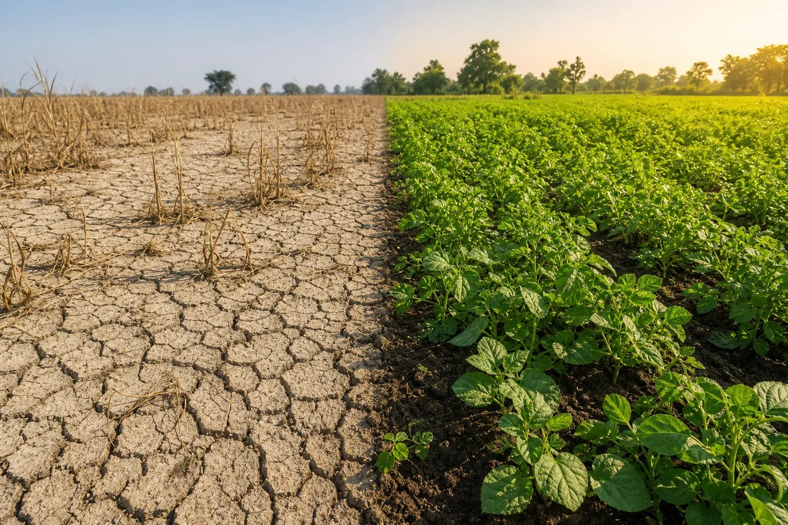 Split landscape showing degraded dry farmland contrasted with lush regenerative cropland, illustrating soil health challenges in India's carbon credit ecosystem