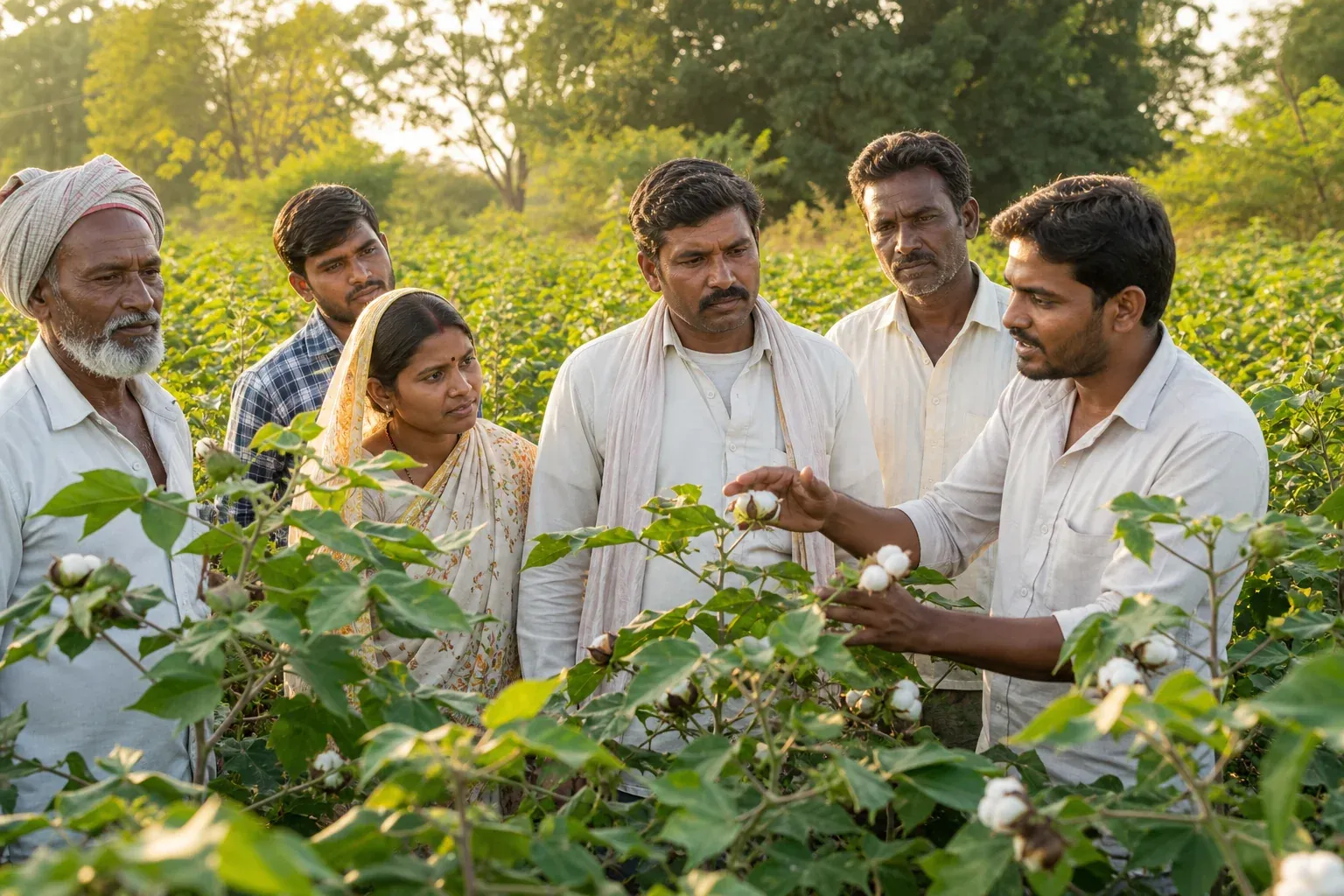 Indian farmers gathered in a cotton field during a regenerative agriculture training session, learning sustainable practices for carbon credit generation