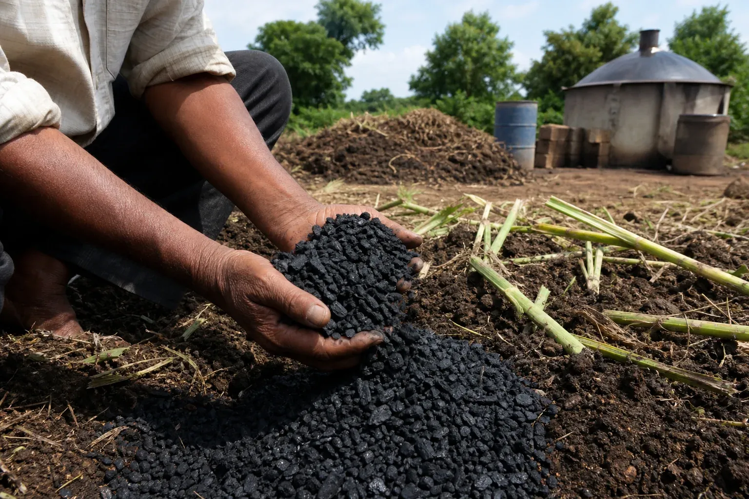 Close-up photo of biochar production process, showing charred crop residue being processed into biochar. Photorealistic close-up photograph of dark, charcoal-like biochar granules made from crop residue, piled on rich brown soil in an