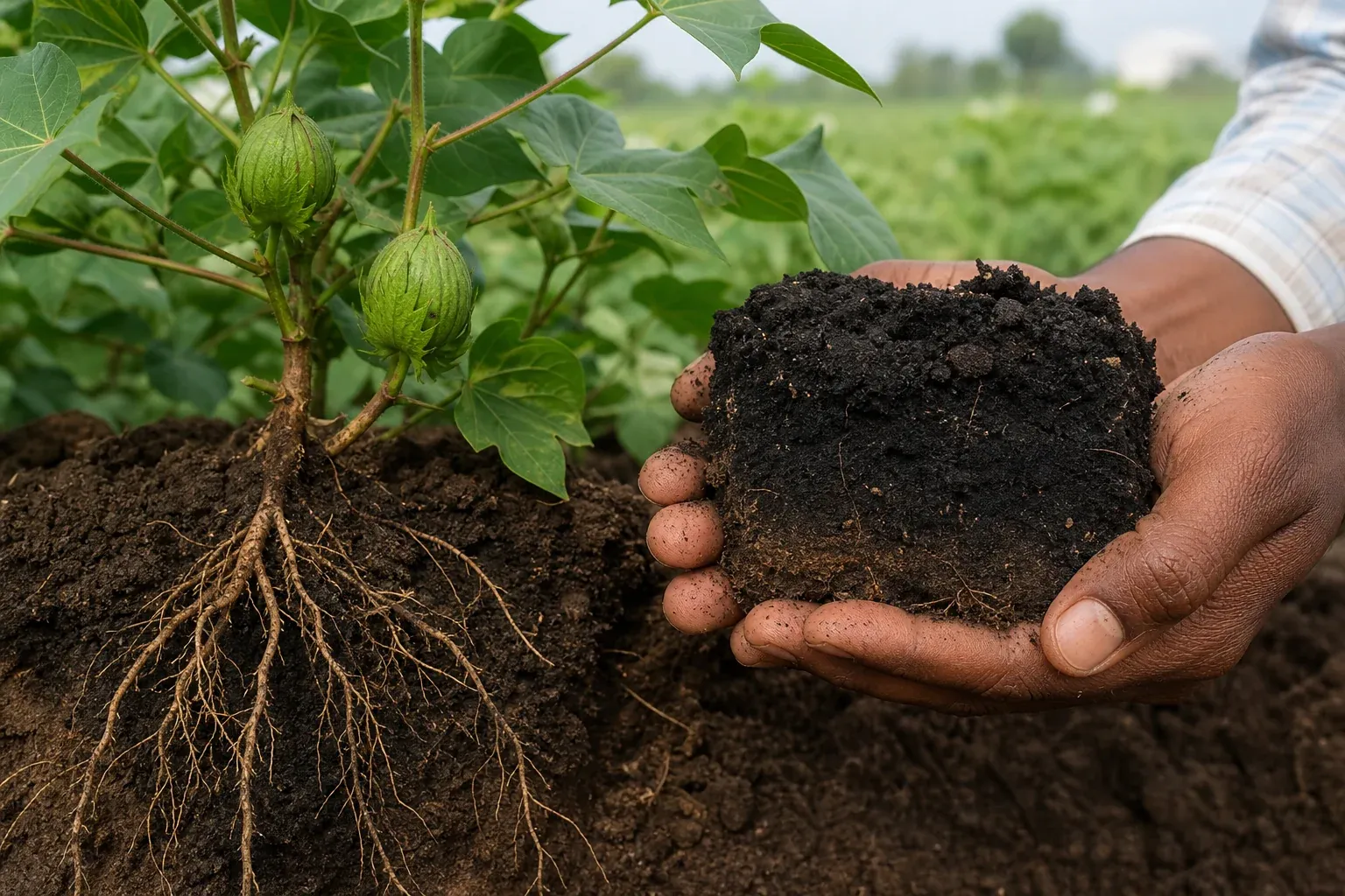 Photo showing healthy dark soil with visible organic matter and root structure, symbolizing improved soil health from biochar. Photorealistic close-up photograph of a soil profile cross-section held in cupped hands, showing dark, crumbly