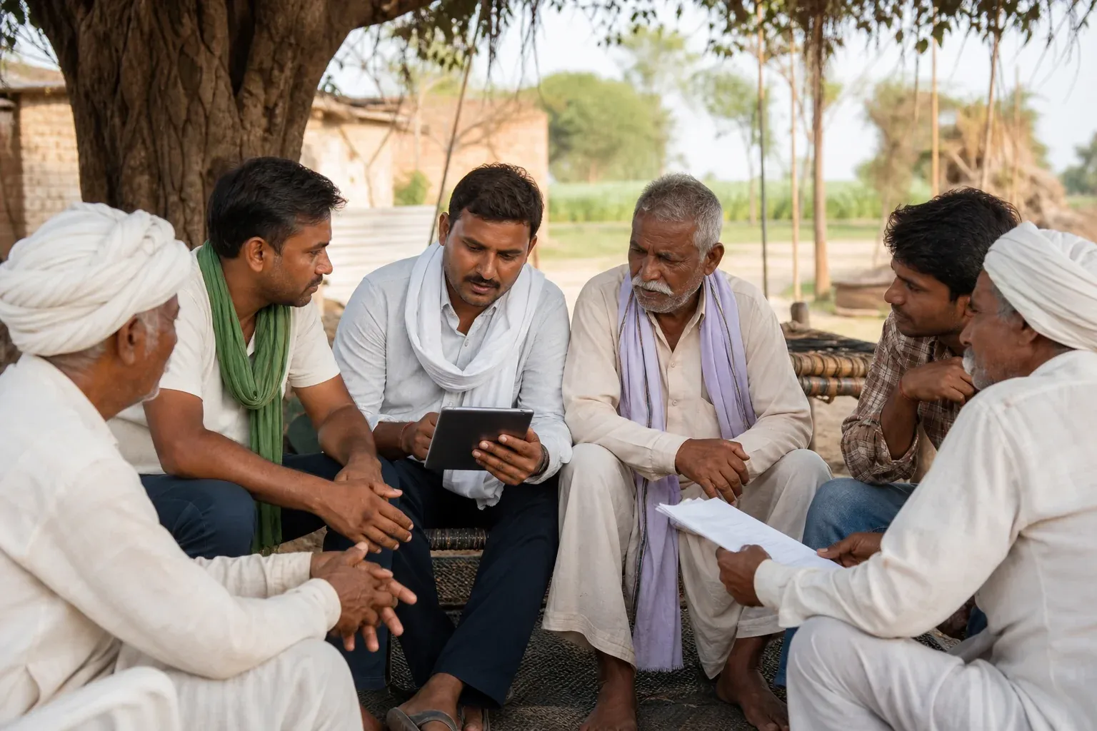 Group of Indian farmers gathered in a cooperative meeting outdoors, collaborating on agricultural program documentation