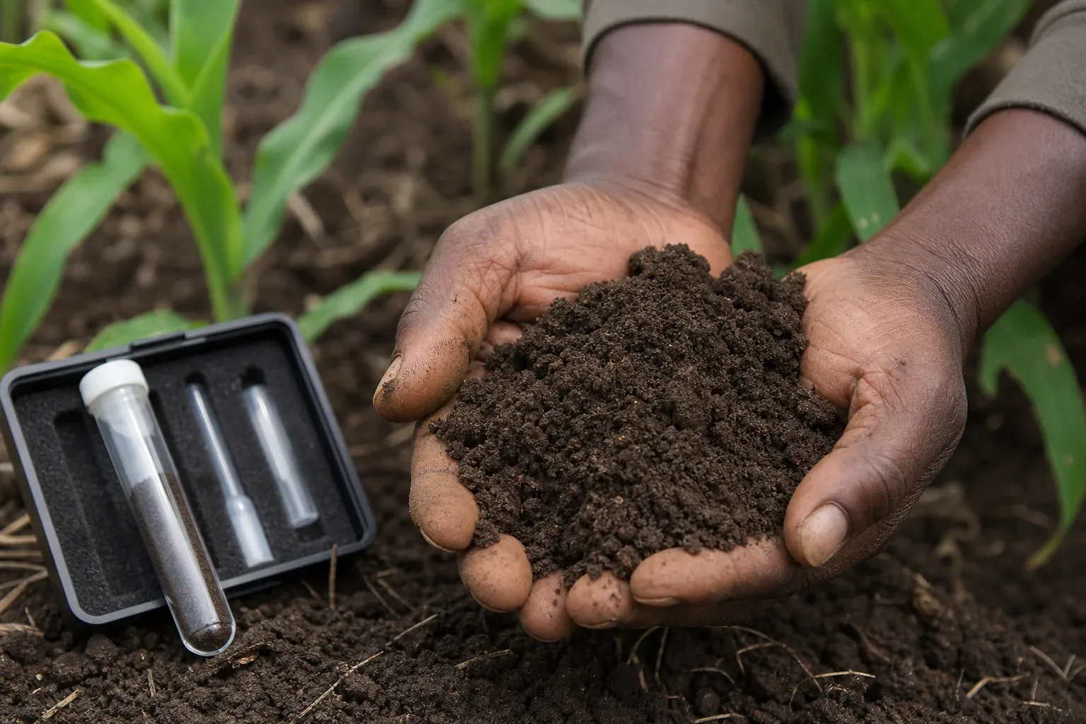 Close-up of a farmer's hands holding rich dark soil with a soil testing kit nearby, representing carbon measurement in agriculture