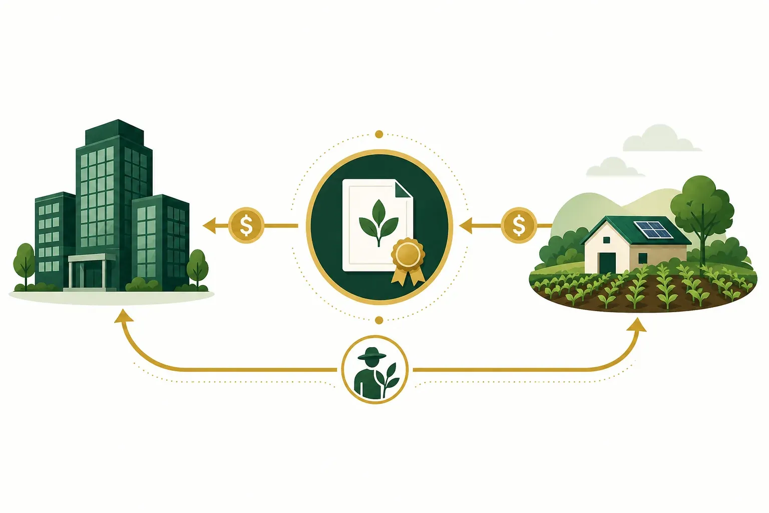 Conceptual illustration of carbon credit value chain showing revenue flowing from corporate buyers through to smallholder farmers