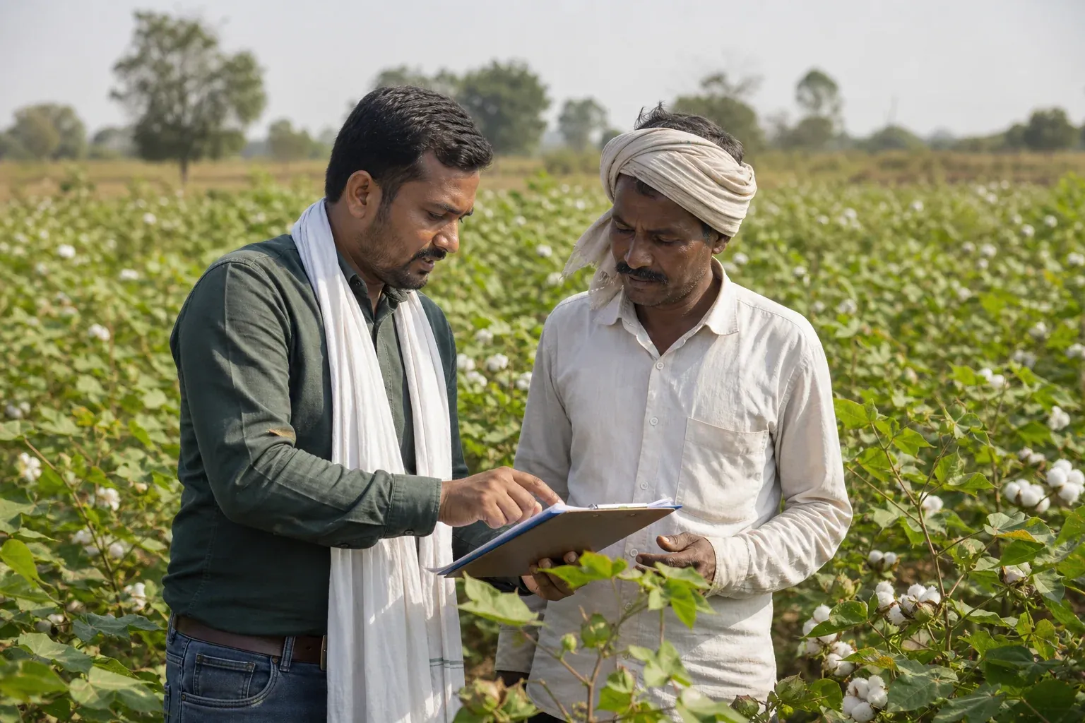 Photorealistic photo of a field coordinator and a smallholder cotton farmer standing together in a sunlit cotton field in central India, both looking at a clipboard with soil data sheets, natural earthy tones with green cotton plants, warm