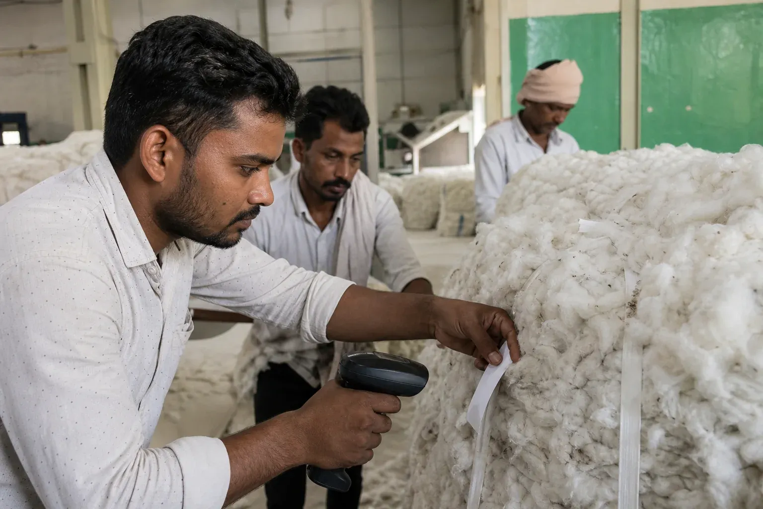 Close-up of raw cotton bales being tagged and tracked at a ginning facility to represent traceability data capture. Photorealistic photo inside an Indian cotton ginning facility, workers handling raw cotton bales with a handheld scanner or