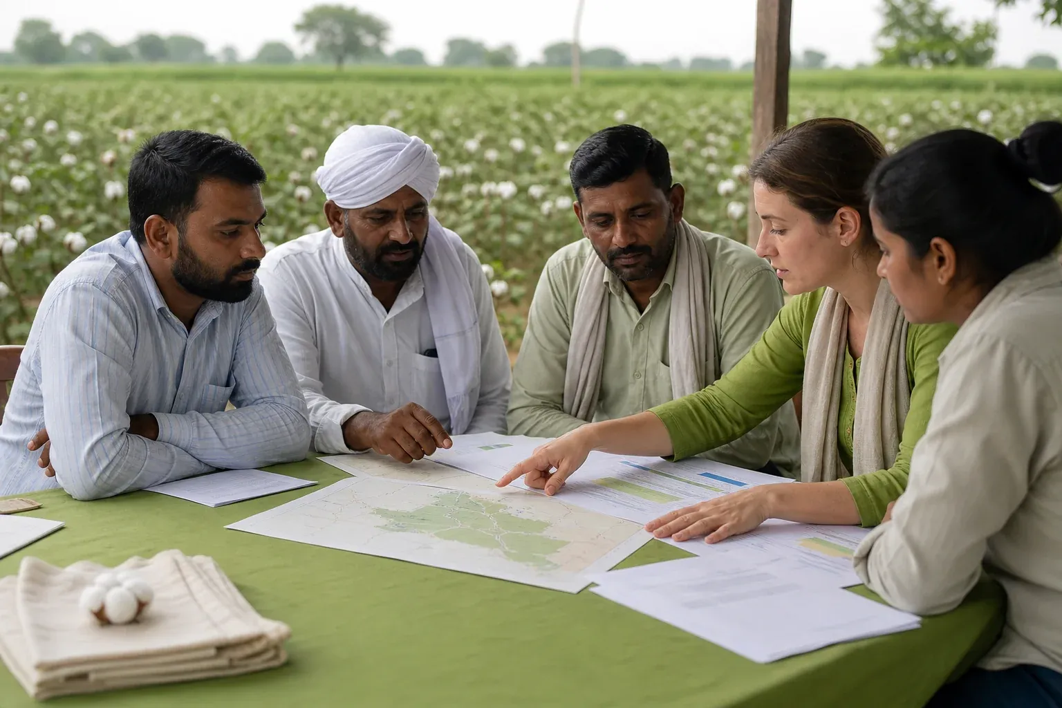 A small group of sustainability professionals and farmers reviewing a supply chain map or contract documents at a table outdoors near farmland. Photorealistic photo of a small mixed group of corporate sustainability professionals and local