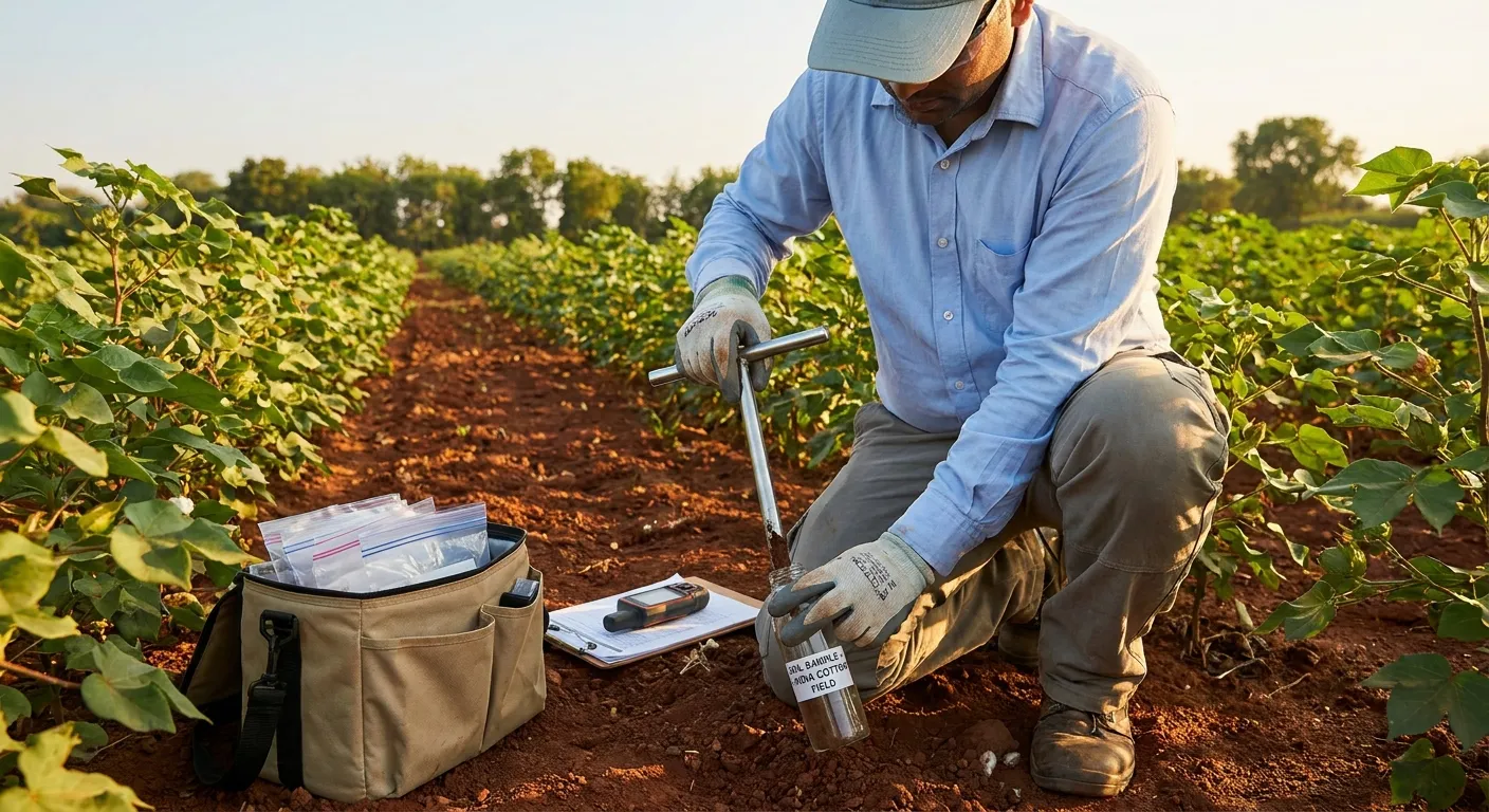 soil testing field technician collecting samples in regenerative cotton farm India
