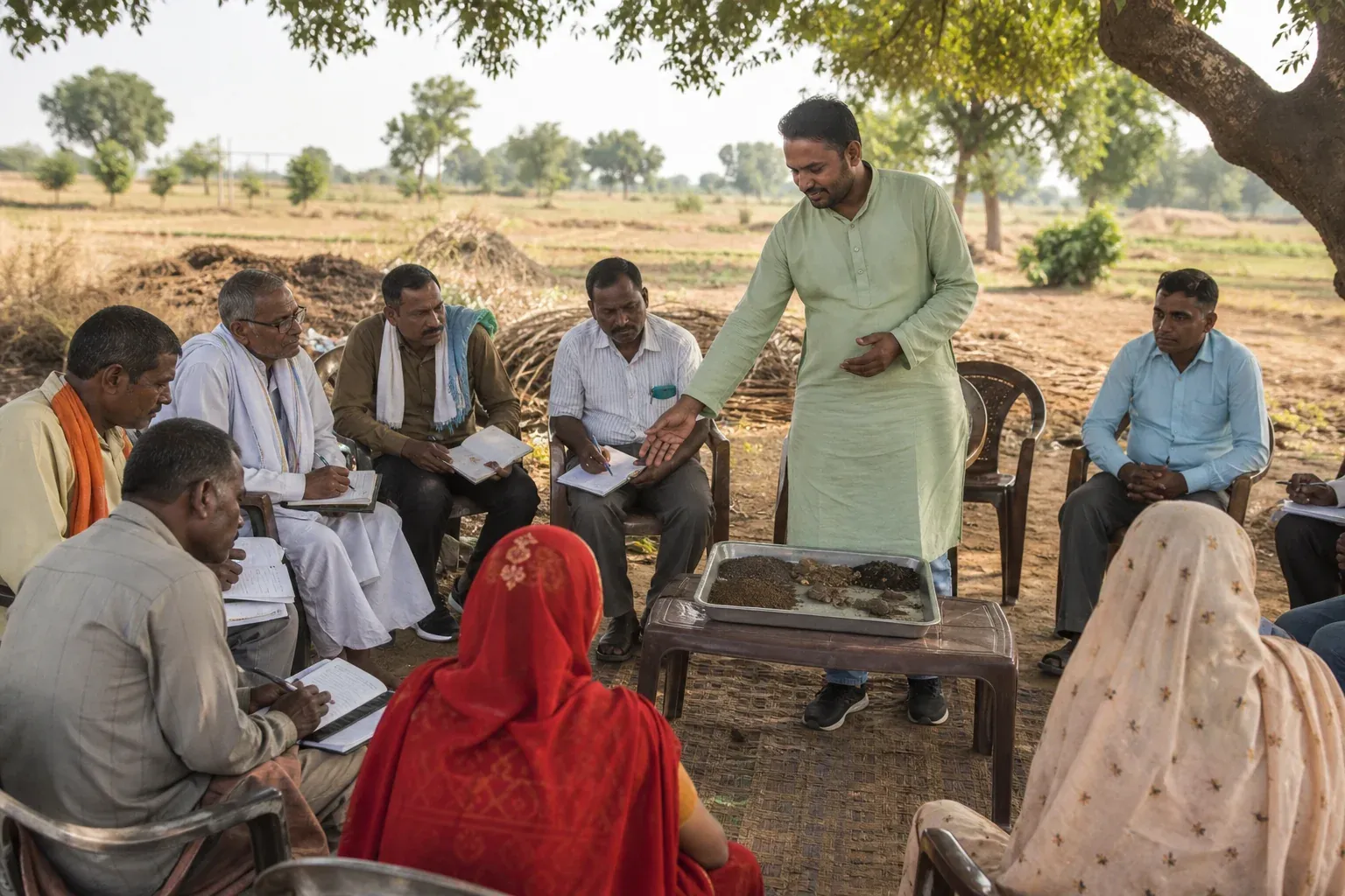 Group training session under a tree with farmers seated and a facilitator pointing at a soil sample. photorealistic: A candid documentary photo of a rural farmer training session held outdoors under a large tree in India, a facilitator