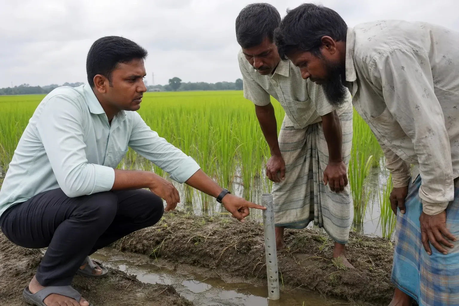 Farmer champion explaining alternate wetting and drying water tube to fellow rice farmers in a paddy field. photorealistic: A photo of a local farmer champion crouched beside a rice paddy in Bangladesh, pointing to a simple perforated
