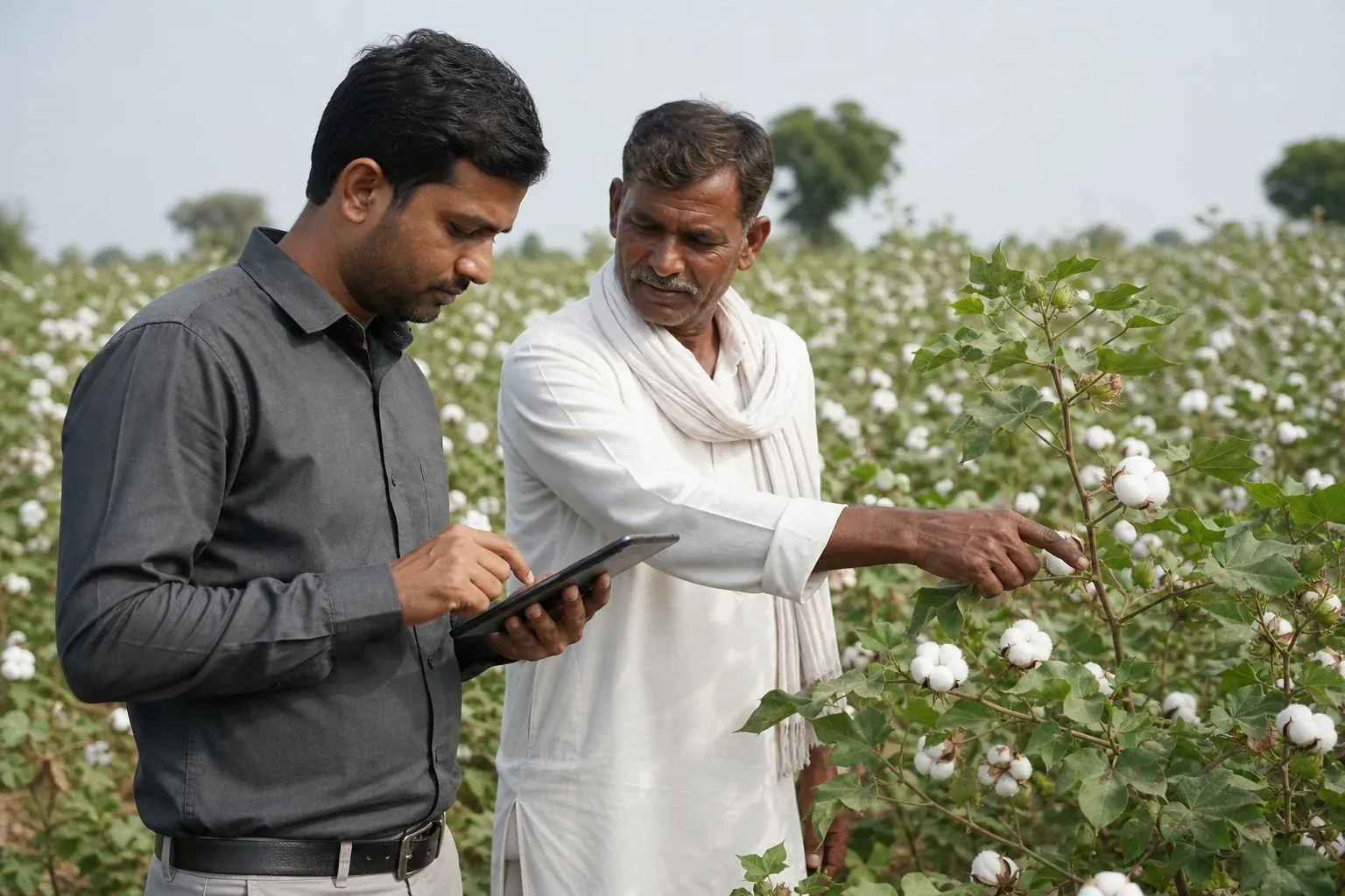 Field data collector recording farmer outcomes on a tablet in a cotton field. photorealistic: A photo of a field data officer standing in a cotton field in India, holding a tablet and entering data while a farmer beside him points at a
