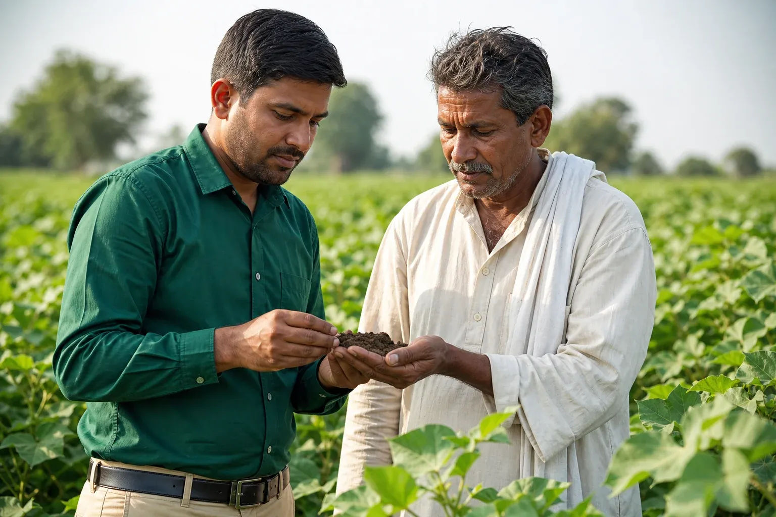 A Beetle Regen field team member and a smallholder cotton farmer standing together in a regenerative cotton field in Madhya Pradesh, discussing soil health. photorealistic photo of a field technician and a smallholder cotton farmer standing