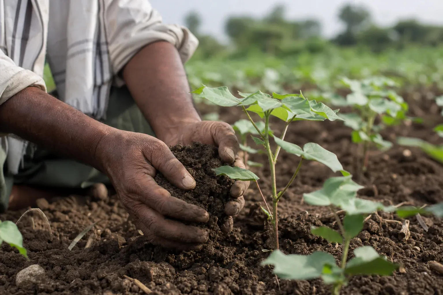 Close-up of hands holding dark, healthy soil next to a young cotton seedling, symbolizing the soil-first philosophy. photorealistic close-up photo of a farmer's weathered hands holding dark rich soil next to a young cotton seedling in a