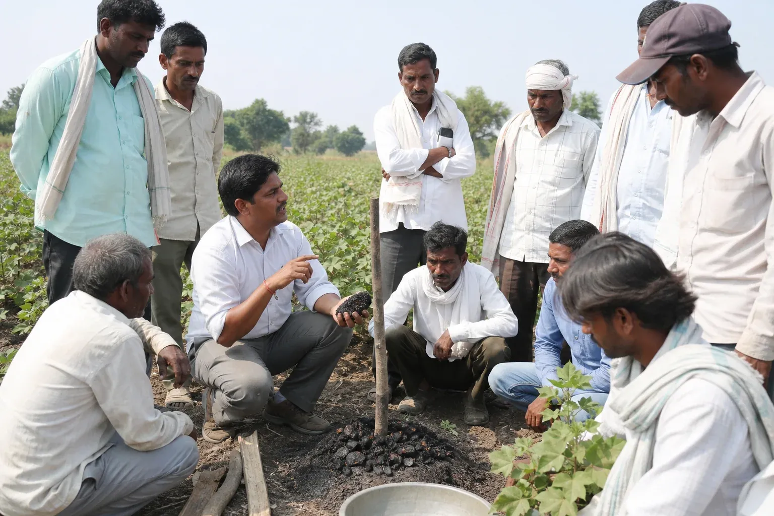 A Regen Ambassador leading a small group field demonstration with farmers gathered around a biochar pit or HDPS demo plot. photorealistic photo of a small group of Indian cotton farmers gathered around a field demonstration plot, one person