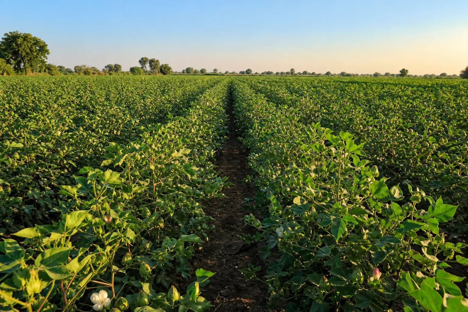 Wide shot of a cotton field with visible high-density planting rows, showing the density and health of the crop. photorealistic wide-angle photo of a lush high-density cotton field with narrow row spacing in Madhya Pradesh, India, taken