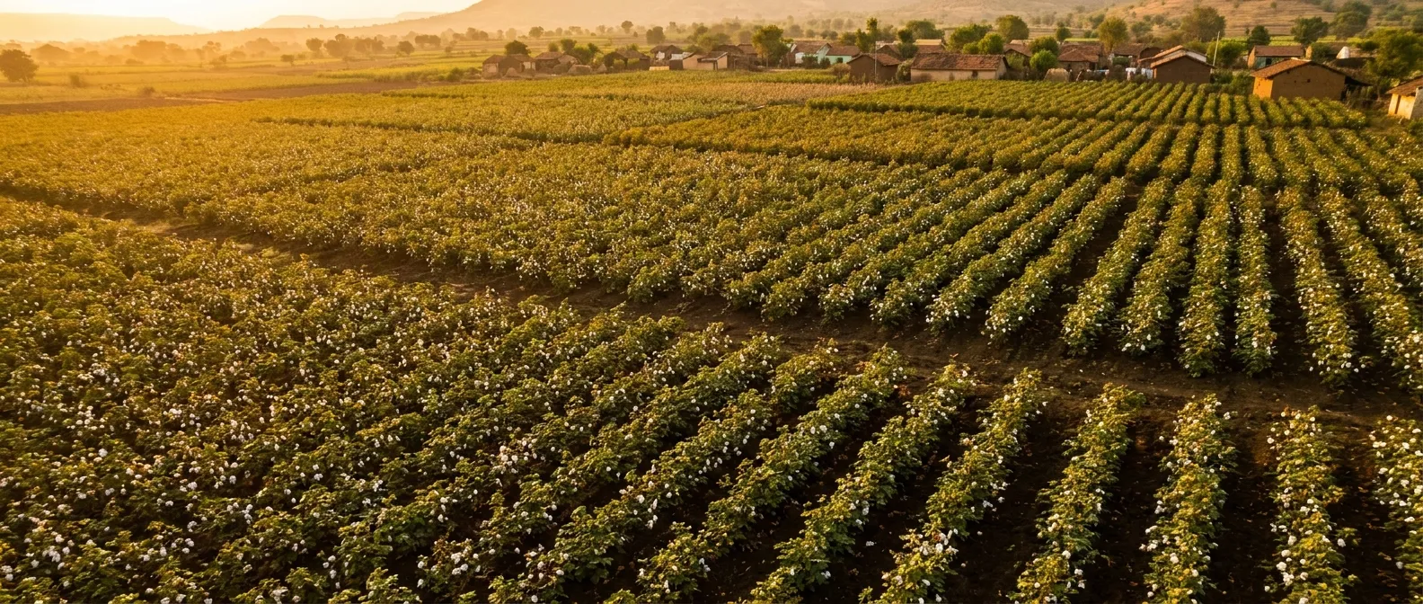 Regenerative cotton fields in India representing sustainable sourcing for textile brands