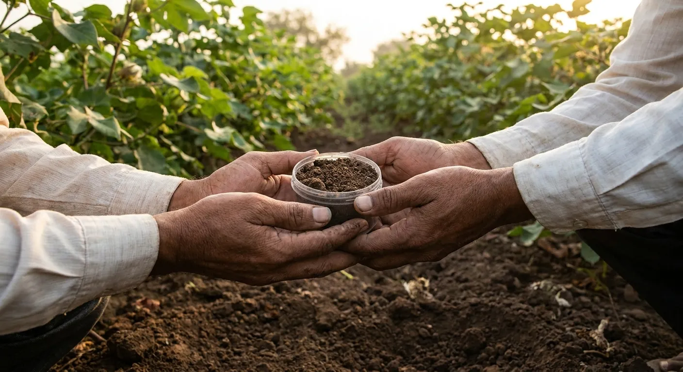 Soil testing in regenerative cotton field as part of sustainable sourcing supplier evaluation