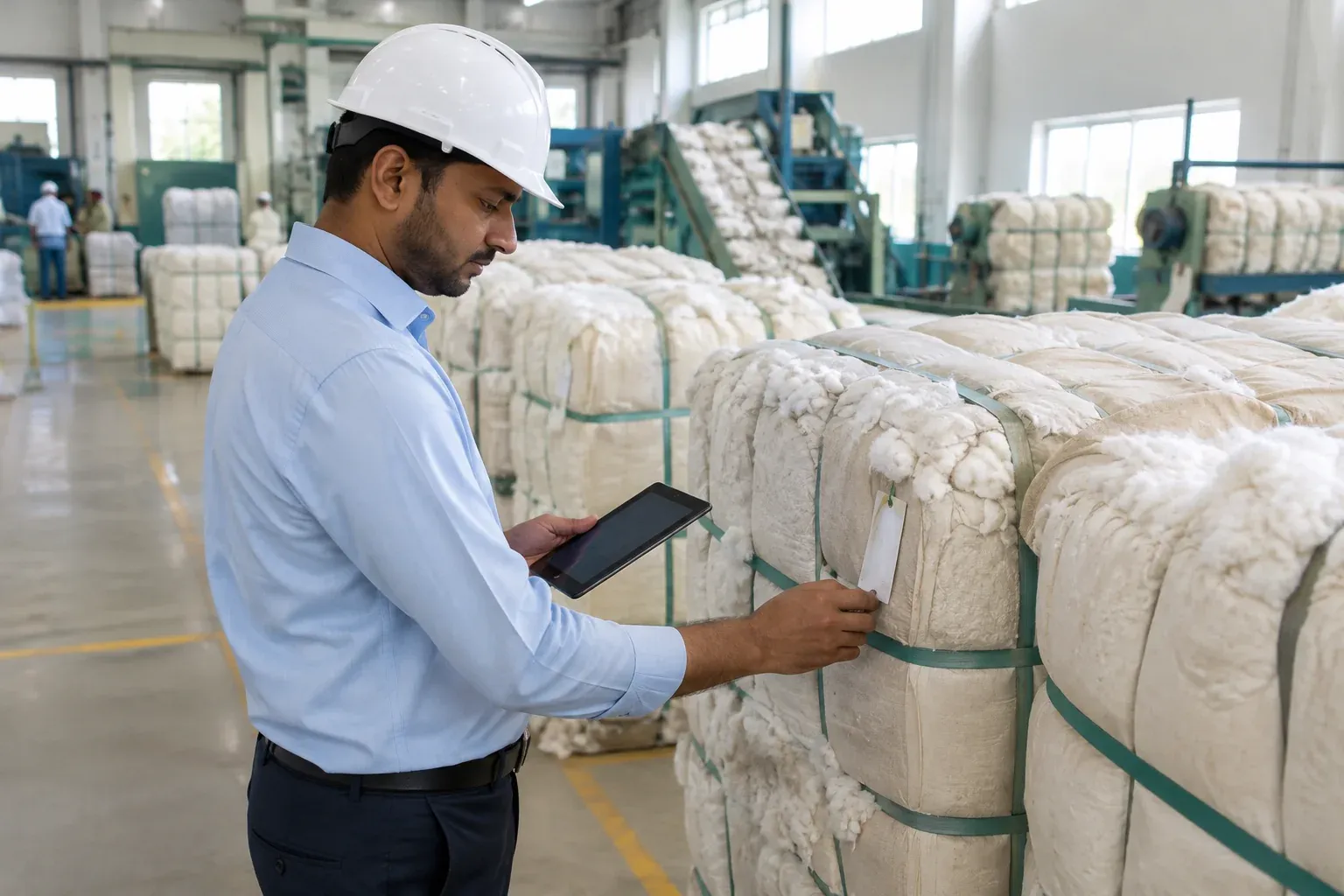 Bales of cotton at a ginning facility with a worker checking records on a tablet