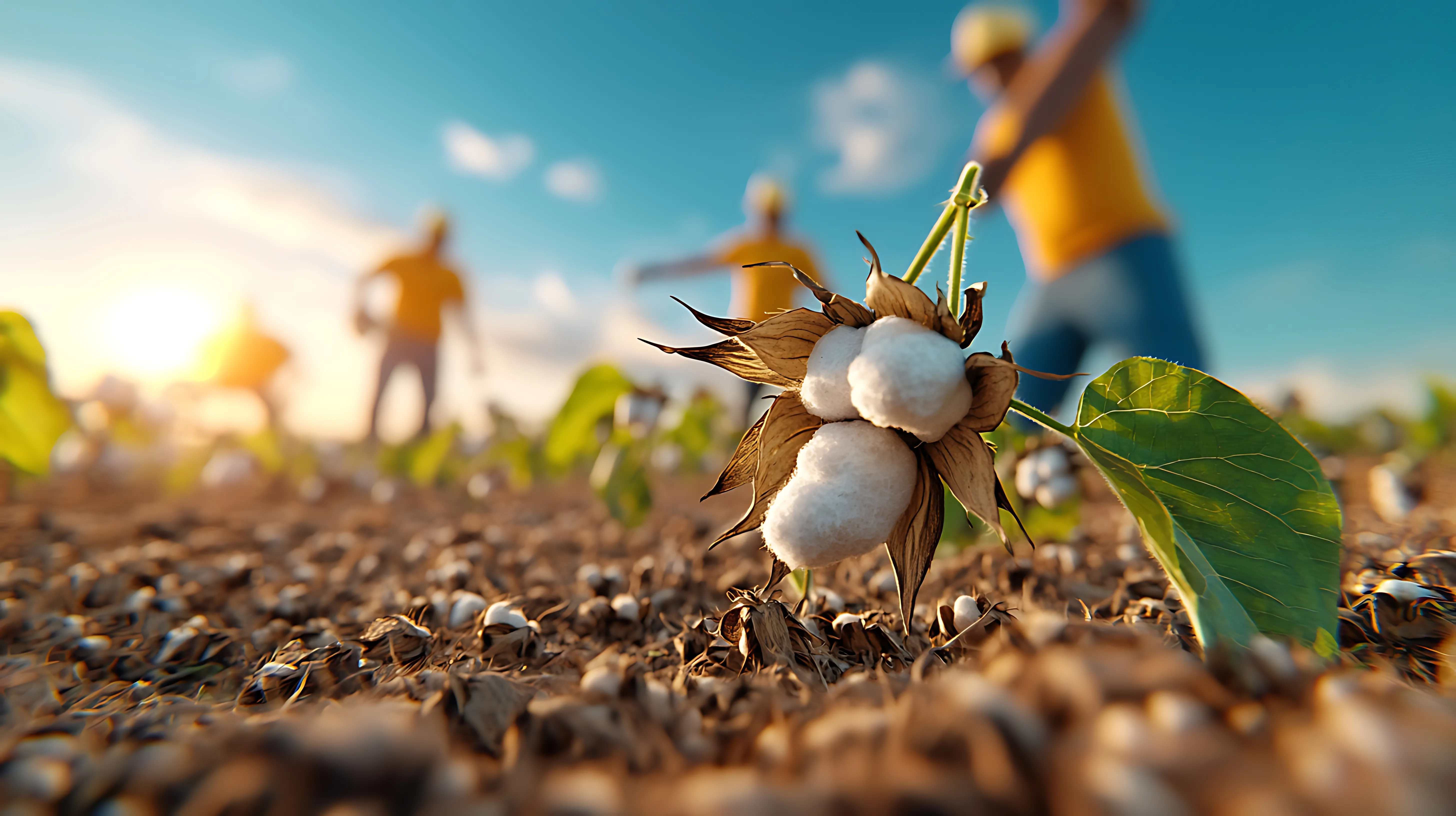 regenerative cotton field in India with healthy soil and biodiversity at golden hour