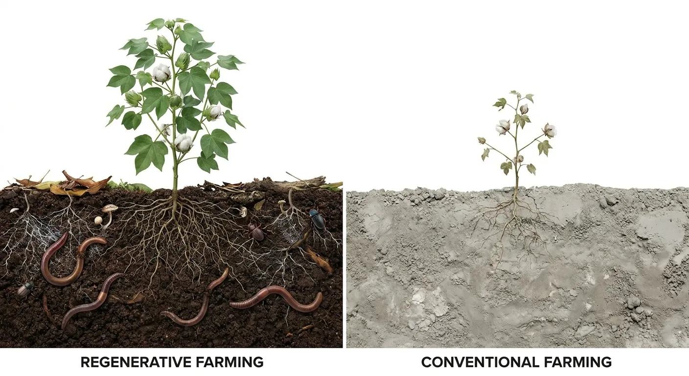 regenerative cotton vs organic cotton soil health comparison showing rich dark soil versus compacted pale soil