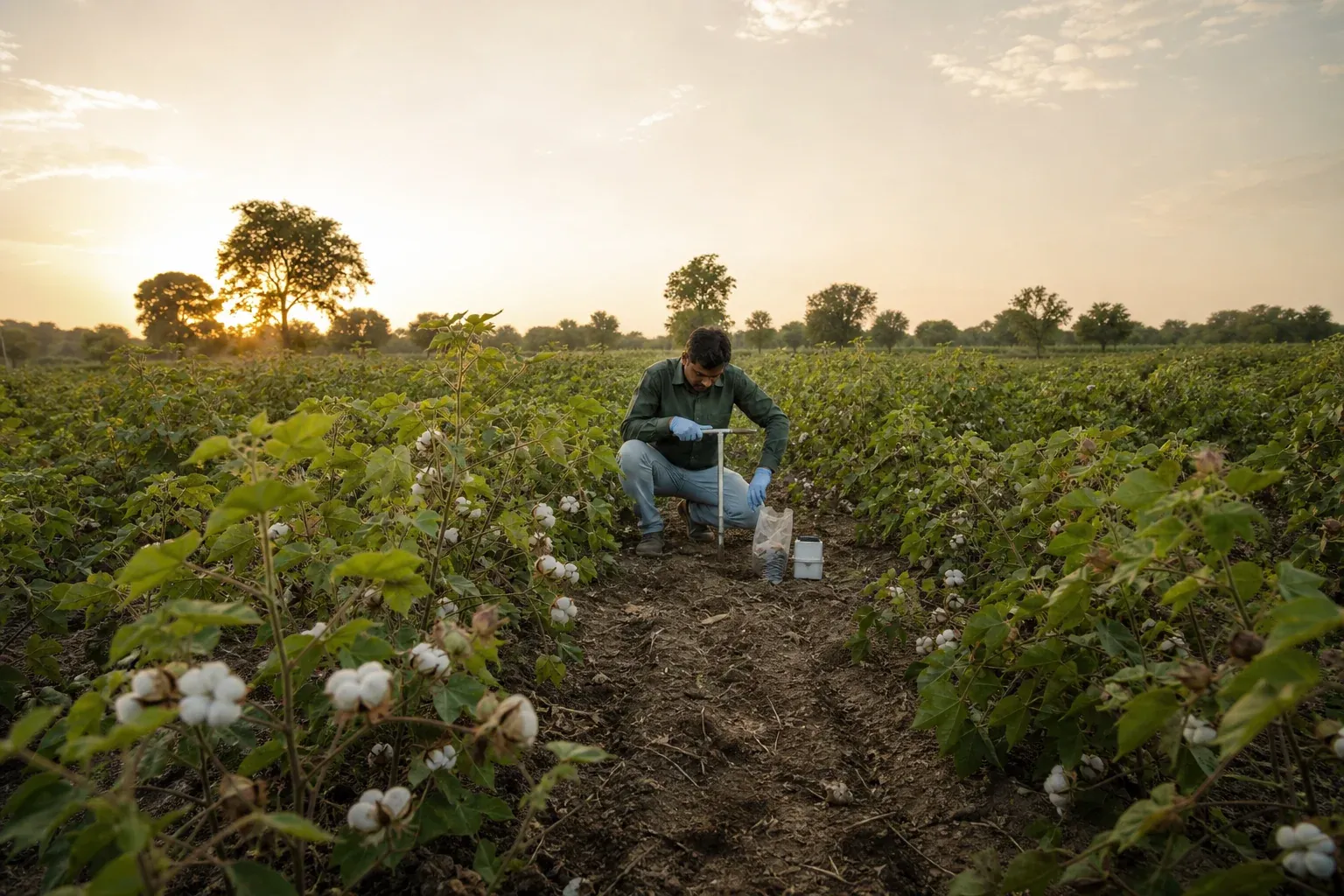 Wide field shot representing data collection in a regenerative cotton field. Photorealistic wide-angle photo of a cotton field in Madhya Pradesh, India, at golden hour, with a field technician in the distance kneeling to take a soil sample