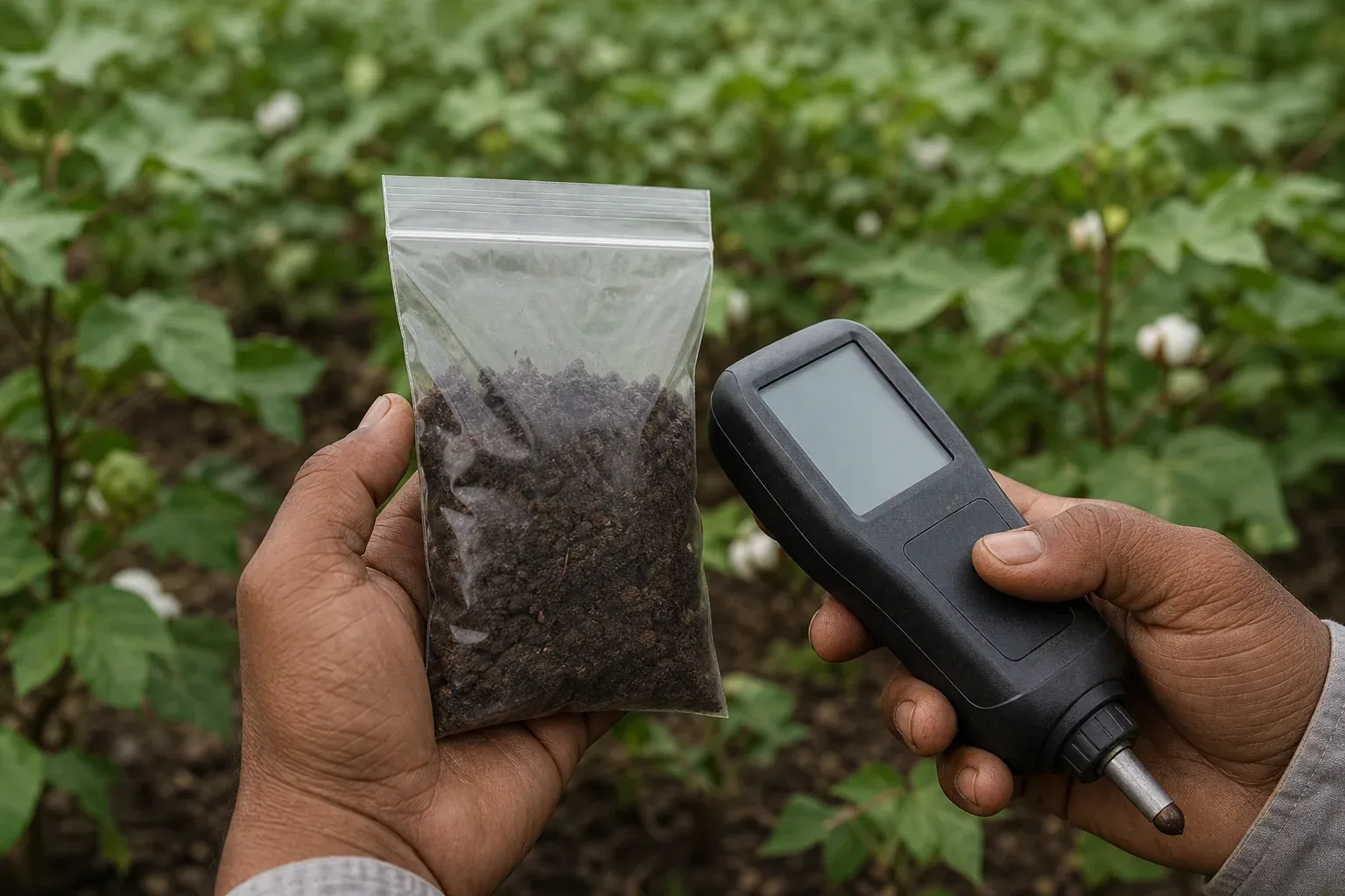 Close-up of hands testing soil sample for organic carbon. Photorealistic close-up photograph of a pair of hands holding a clear soil sample bag filled with dark, rich soil next to a small handheld soil testing device in an Indian cotton