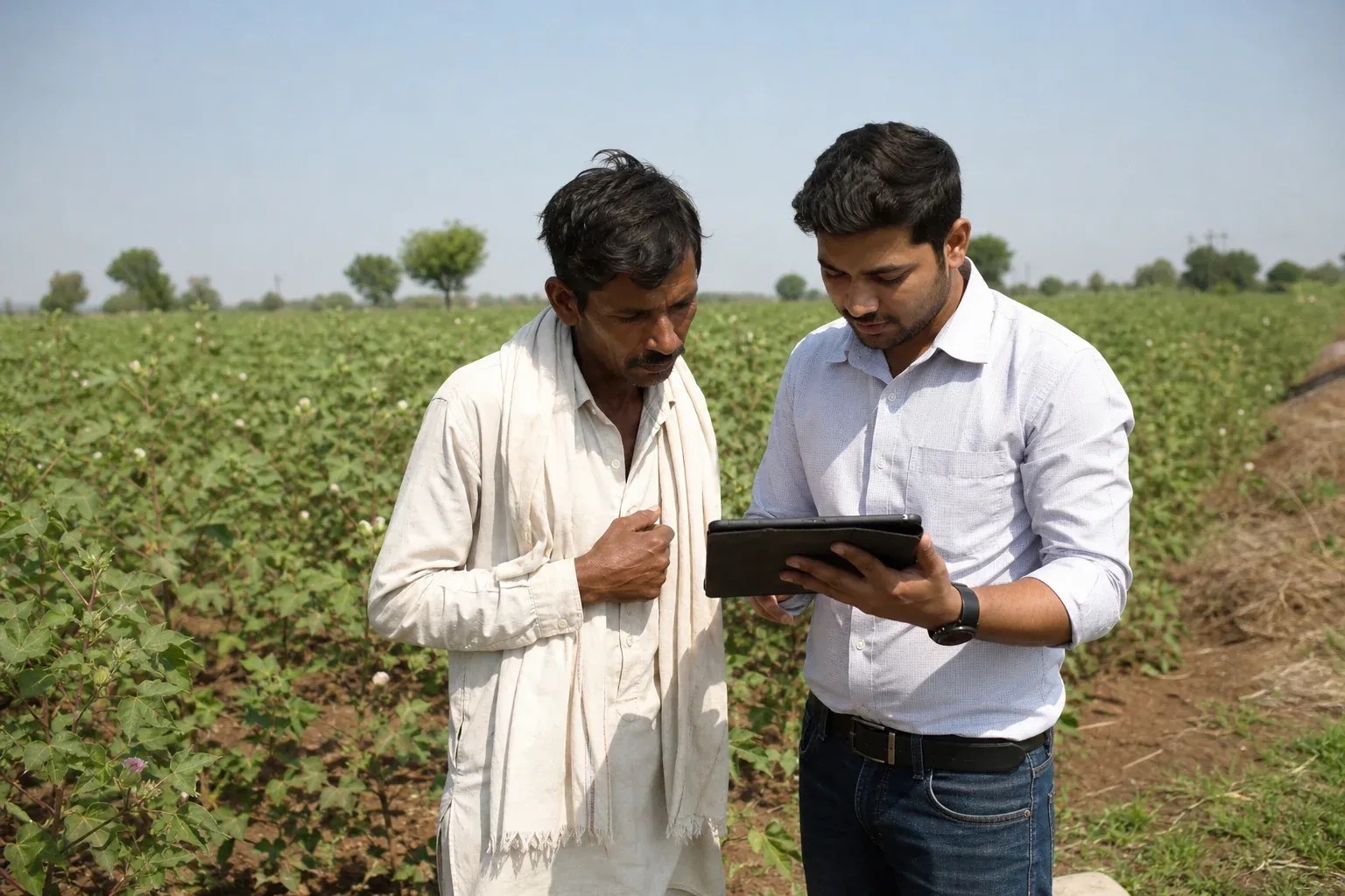 Smallholder cotton farmer reviewing income records with a field coordinator. Photorealistic candid photograph of an Indian smallholder cotton farmer and a field coordinator standing at the edge of a cotton field, both looking at a tablet or