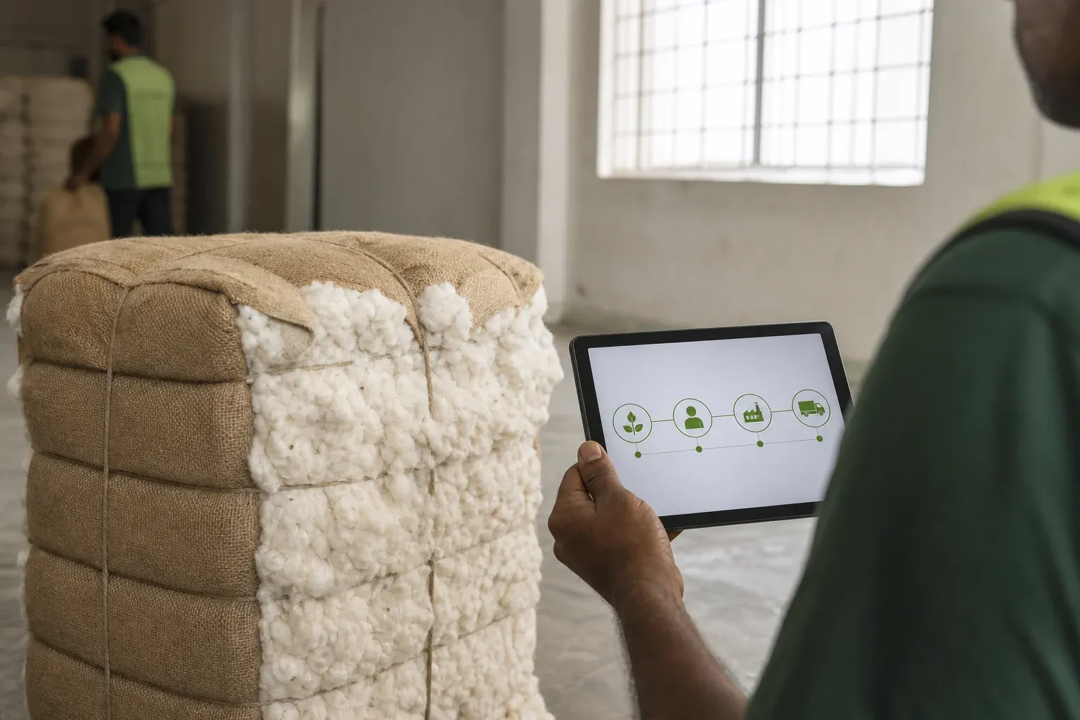 A cotton bale on a factory floor with a digital tablet showing a data trail, symbolizing the digital product passport concept. Photorealistic image: a raw cotton bale wrapped in burlap sitting on a warehouse floor in India, next to it a