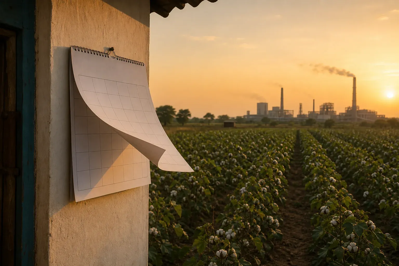 A calendar or timeline visual with a cotton farm and textile mill in the background, showing phased implementation. Photorealistic image: an outdoor scene showing a cotton field in Madhya Pradesh, India at golden hour with a distant textile