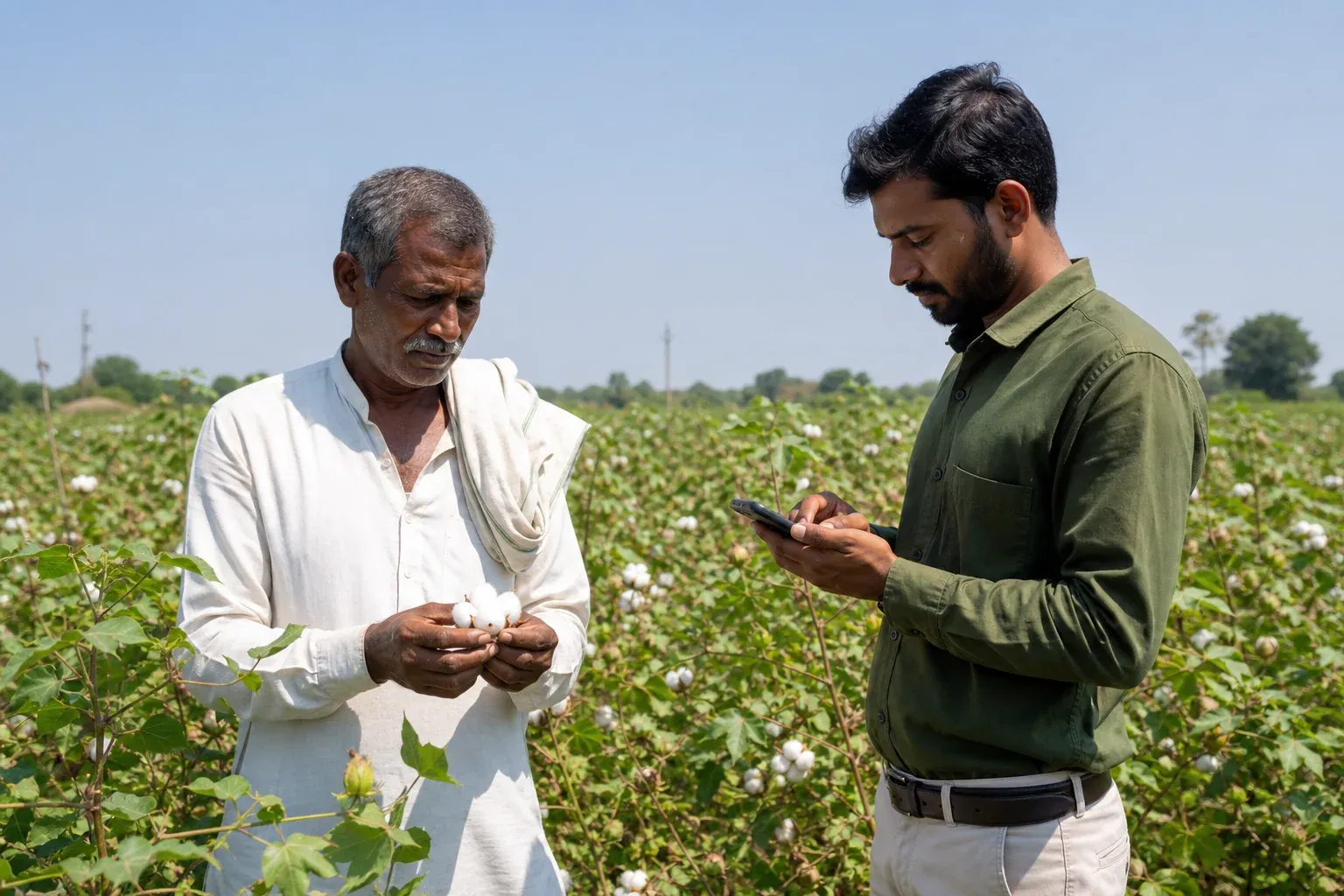 Farmer and cooperative staff recording plot-level data on a mobile device in a cotton field. Photorealistic image: a smallholder cotton farmer in Maharashtra, India standing in a cotton field with an open boll in hand, a cooperative field