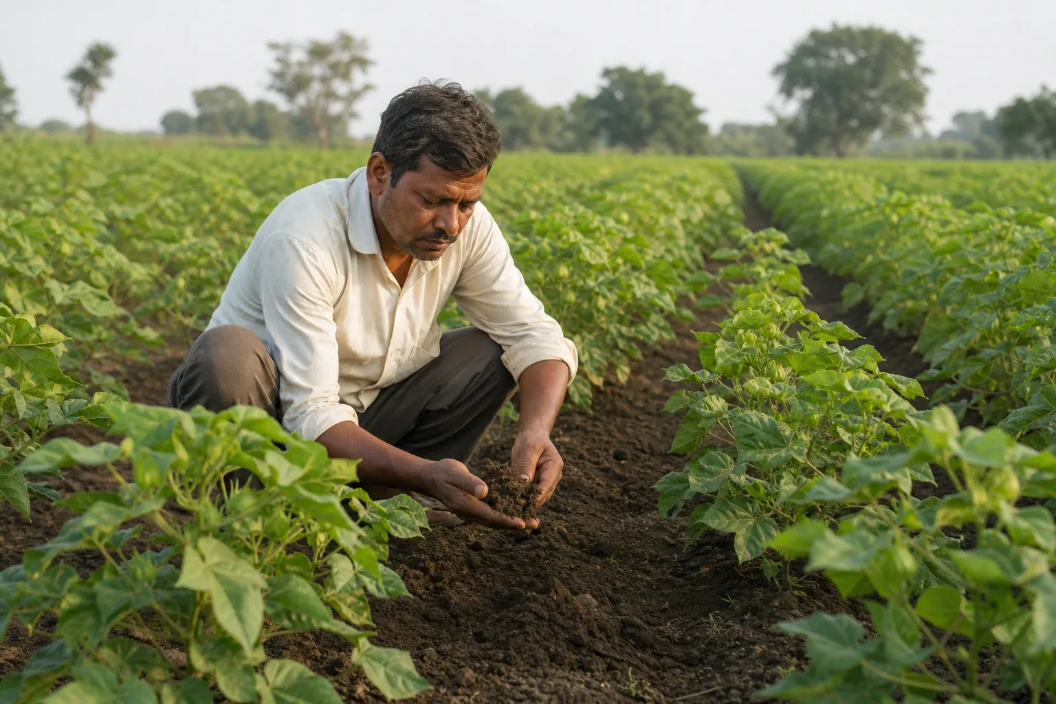 Cotton field in India showing healthy soil and farmer inspecting crop, representing regenerative practices. Photorealistic photo of an Indian cotton farmer in a green, healthy cotton field inspecting soil with bare hands, morning light