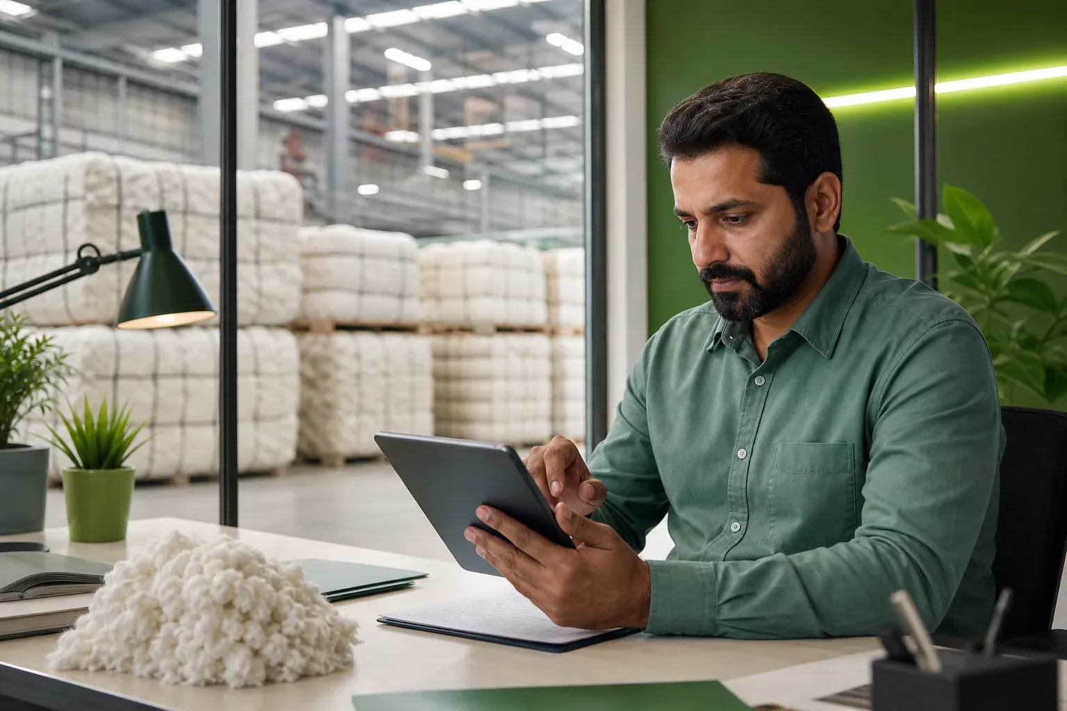Textile mill worker reviewing supply chain documentation and traceability data on a tablet, symbolizing verified sourcing records. Photorealistic photo of a textile professional in a bright fabric mill office reviewing traceability data and