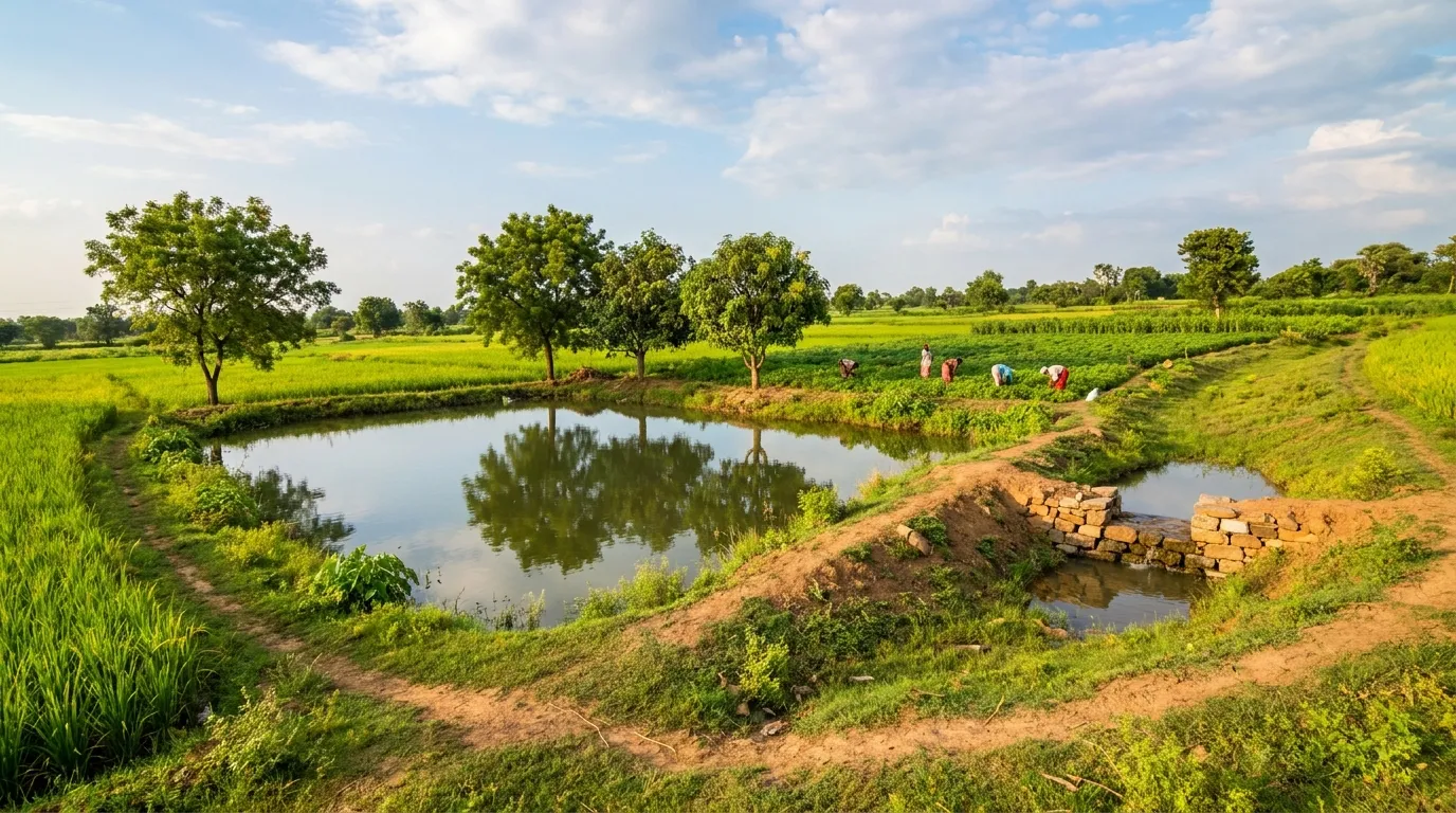 watershed management and rainwater harvesting farm pond in Indian regenerative agriculture landscape