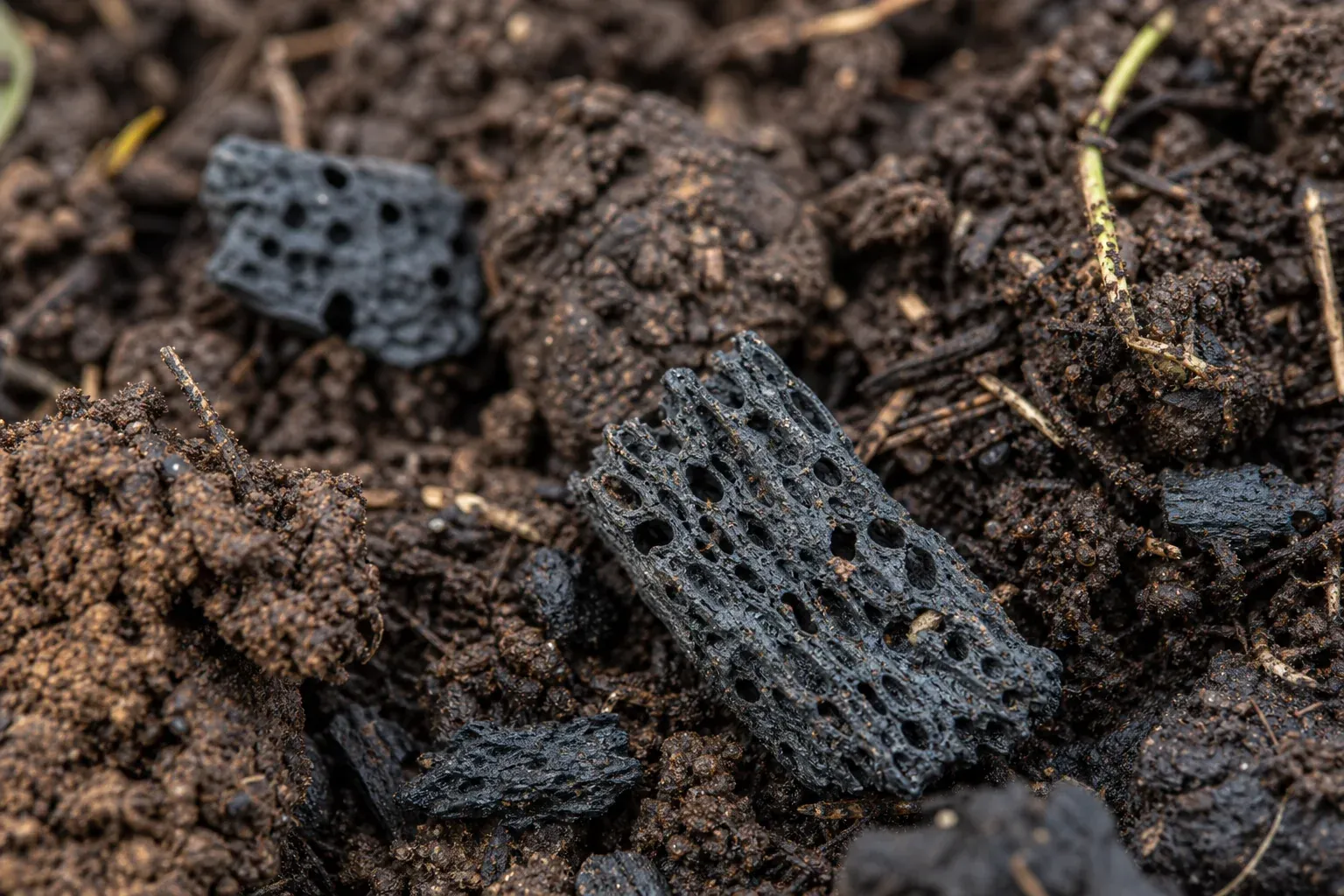 Close-up of biochar particles integrated into dark soil showing stable carbon structure. photorealistic: Extreme close-up macro shot of dark, porous biochar particles mixed into moist brown soil, textured and granular, natural outdoor