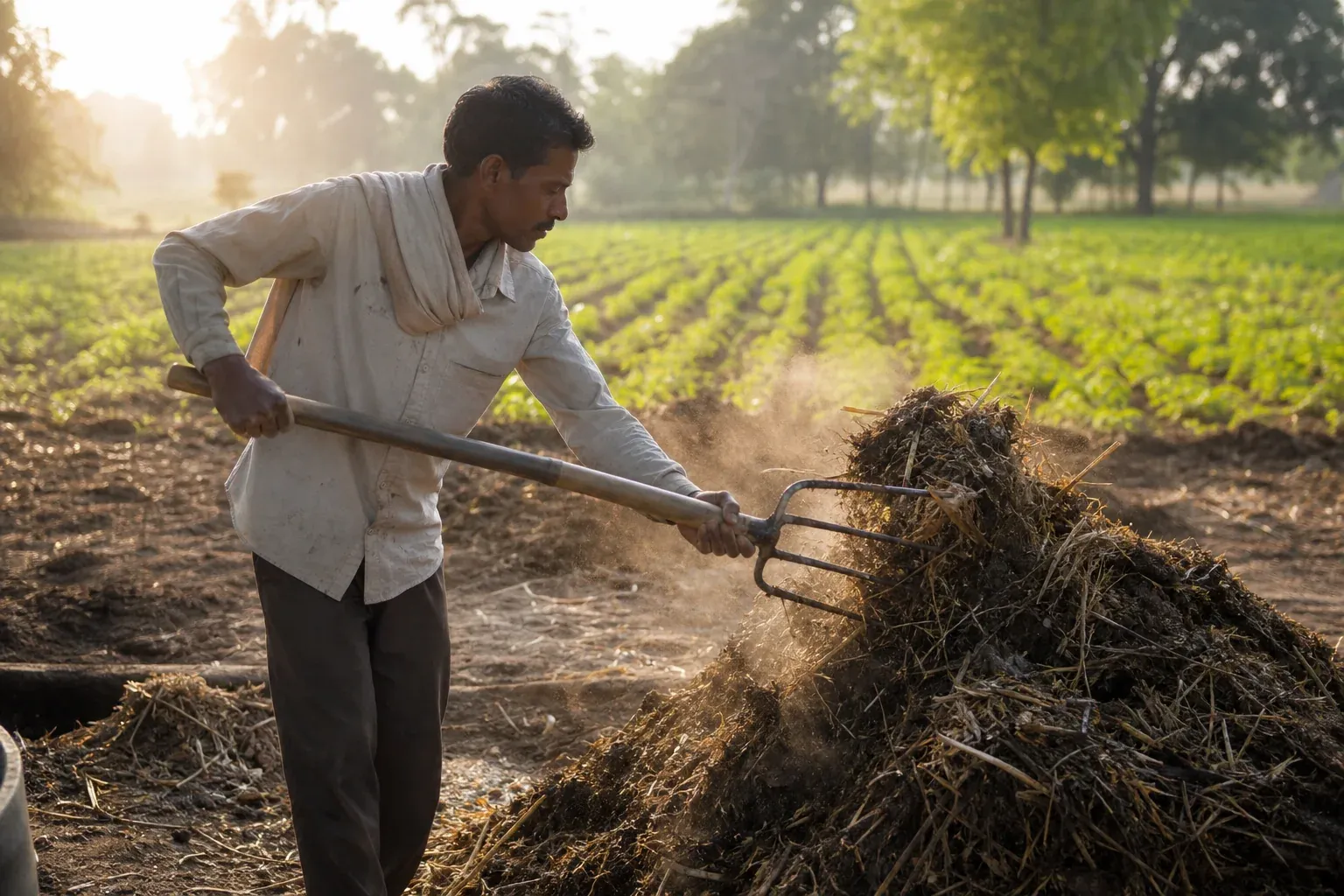 Smallholder farmer turning a compost pile by hand on an Indian farm. photorealistic: A smallholder farmer in rural Madhya Pradesh, India, wearing simple work clothes, uses a pitchfork to turn a compost heap beside a small field, morning