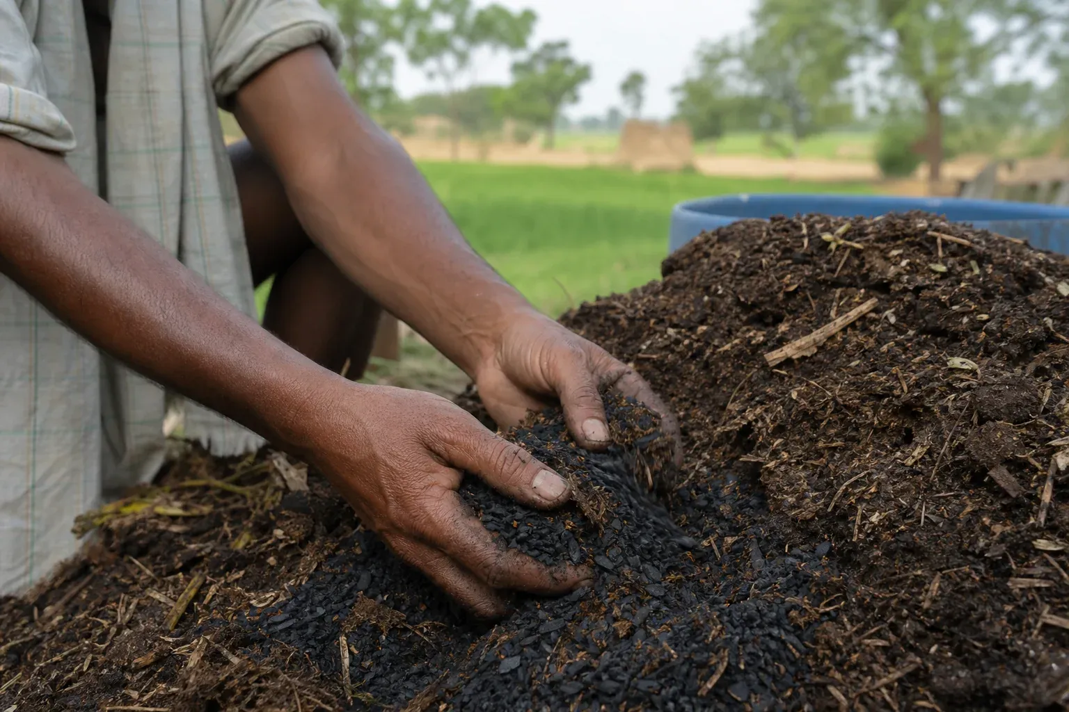 Farmer mixing biochar into a compost pile before field application. photorealistic: A farmer's hands mix dark biochar granules into a pile of decomposing compost material outdoors, close-medium shot, natural lighting, visible texture