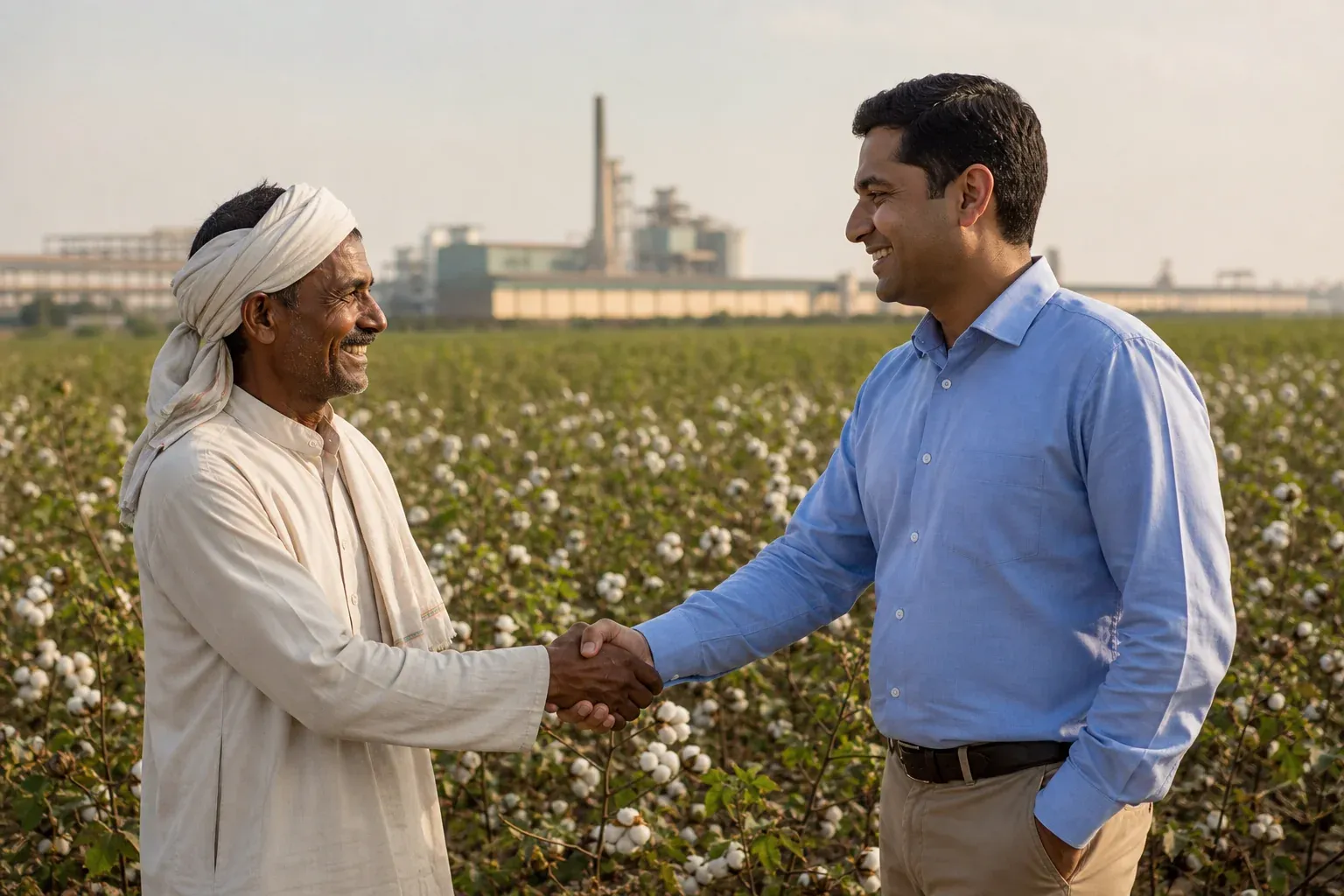 Cotton farmer and textile professional shaking hands symbolizing farm-to-brand partnership. Photorealistic photograph of an Indian cotton farmer in traditional work clothing shaking hands with a textile industry professional in business