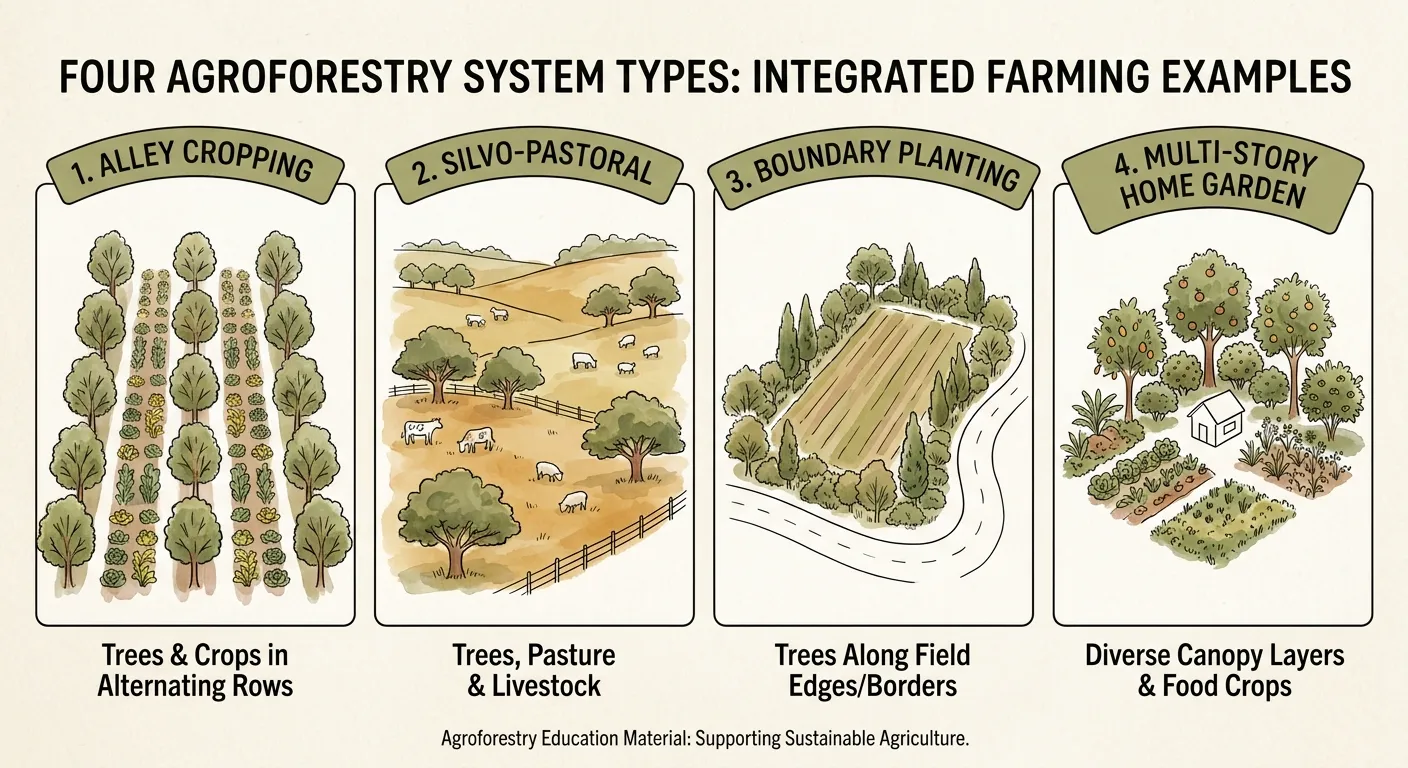 Different types of agroforestry systems including alley cropping and silvo-pastoral models