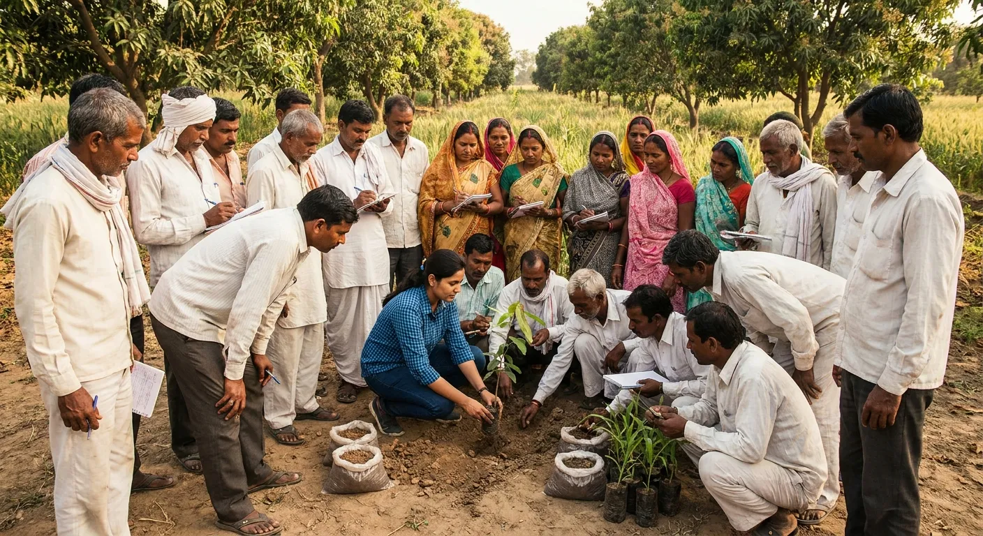 Farmers receiving training on implementing agroforestry systems in Indian agriculture