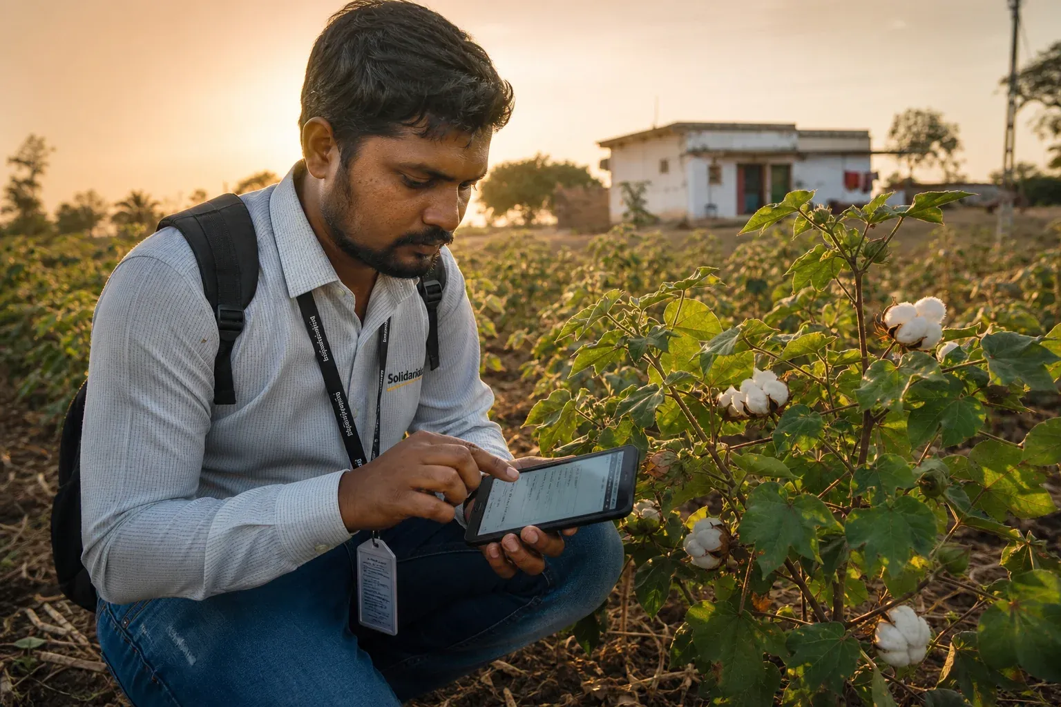 Field agronomist collecting farm-level data on a mobile device at a smallholder cotton farm in India