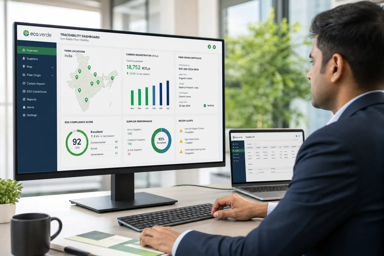 Sustainability professional reviewing a cotton supply chain traceability dashboard with ESG metrics and farm origin data